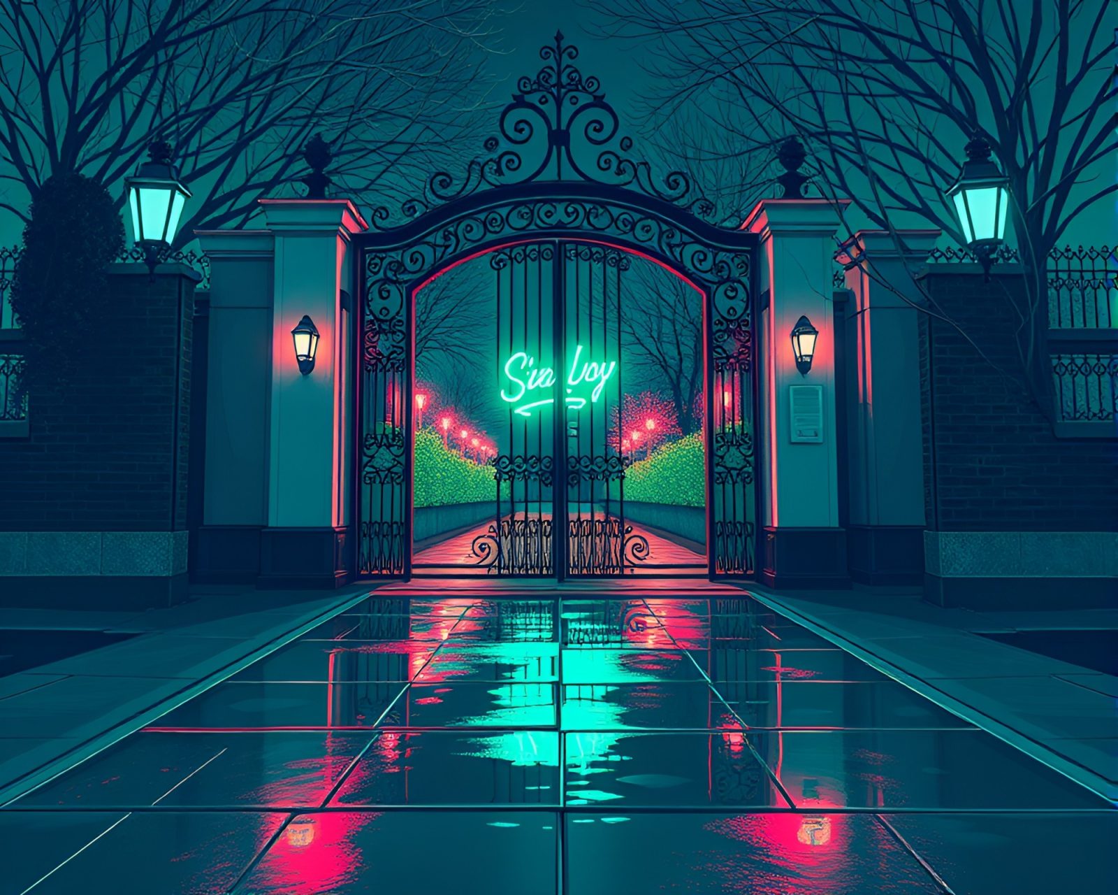 Mint green lit fantasy scene with intricate gate design