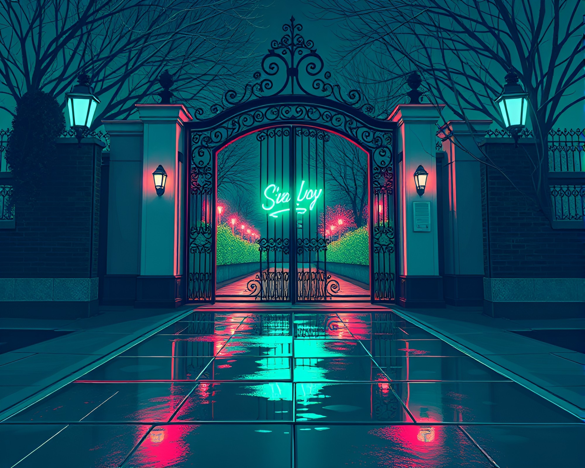 Neon Reflections Through Wrought Iron Gate Illustration – free AI stock image
