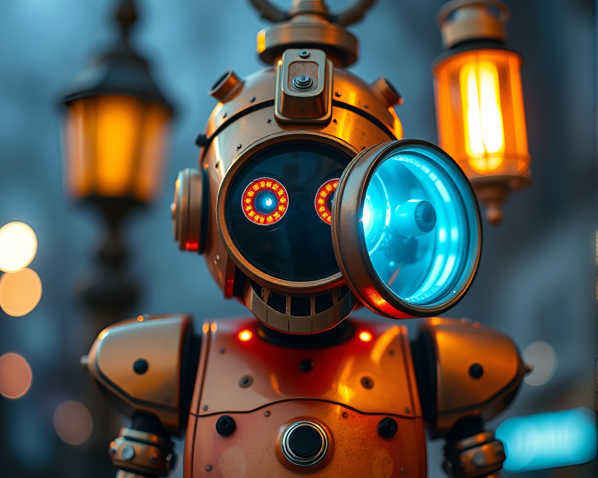 Steampunk Robot in Bio-Organic Design Amid Streetlamp Glows – free AI stock image