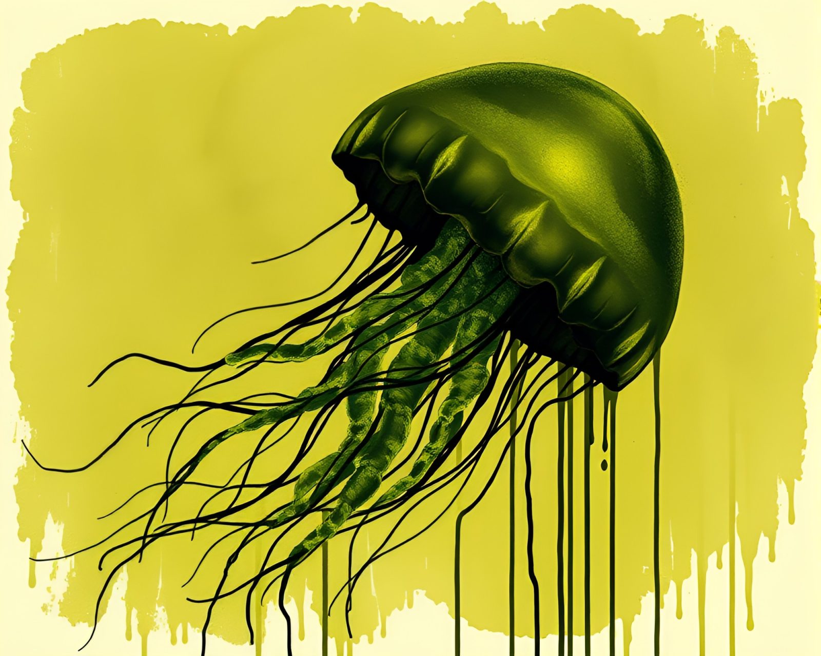 Grainy overlay image of olive drab toned jellyfish glowing