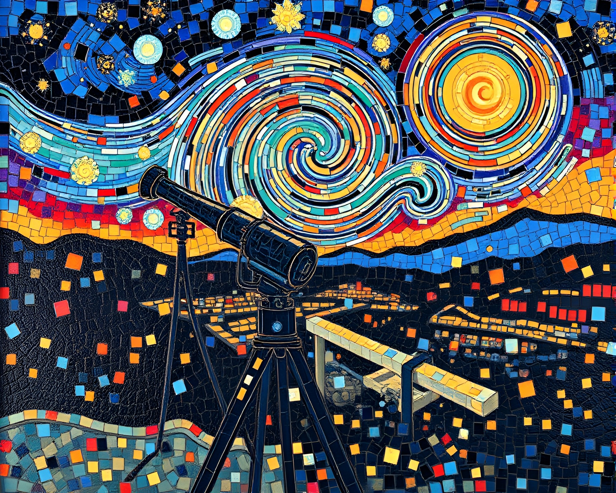 Telescope Mosaic: Torchlit Exploration – free AI stock image