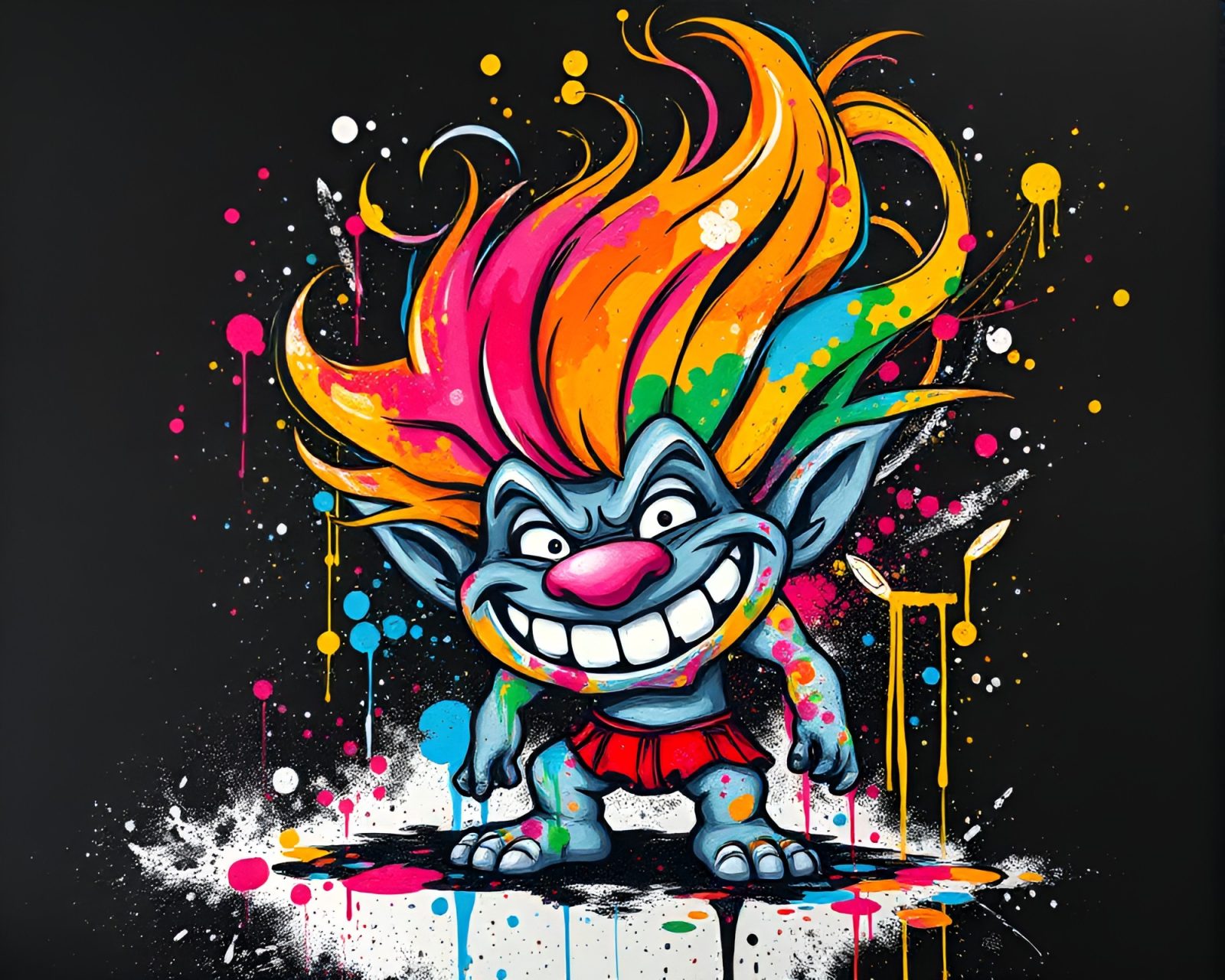 Colorful paint splattered troll in unique pointillism style.