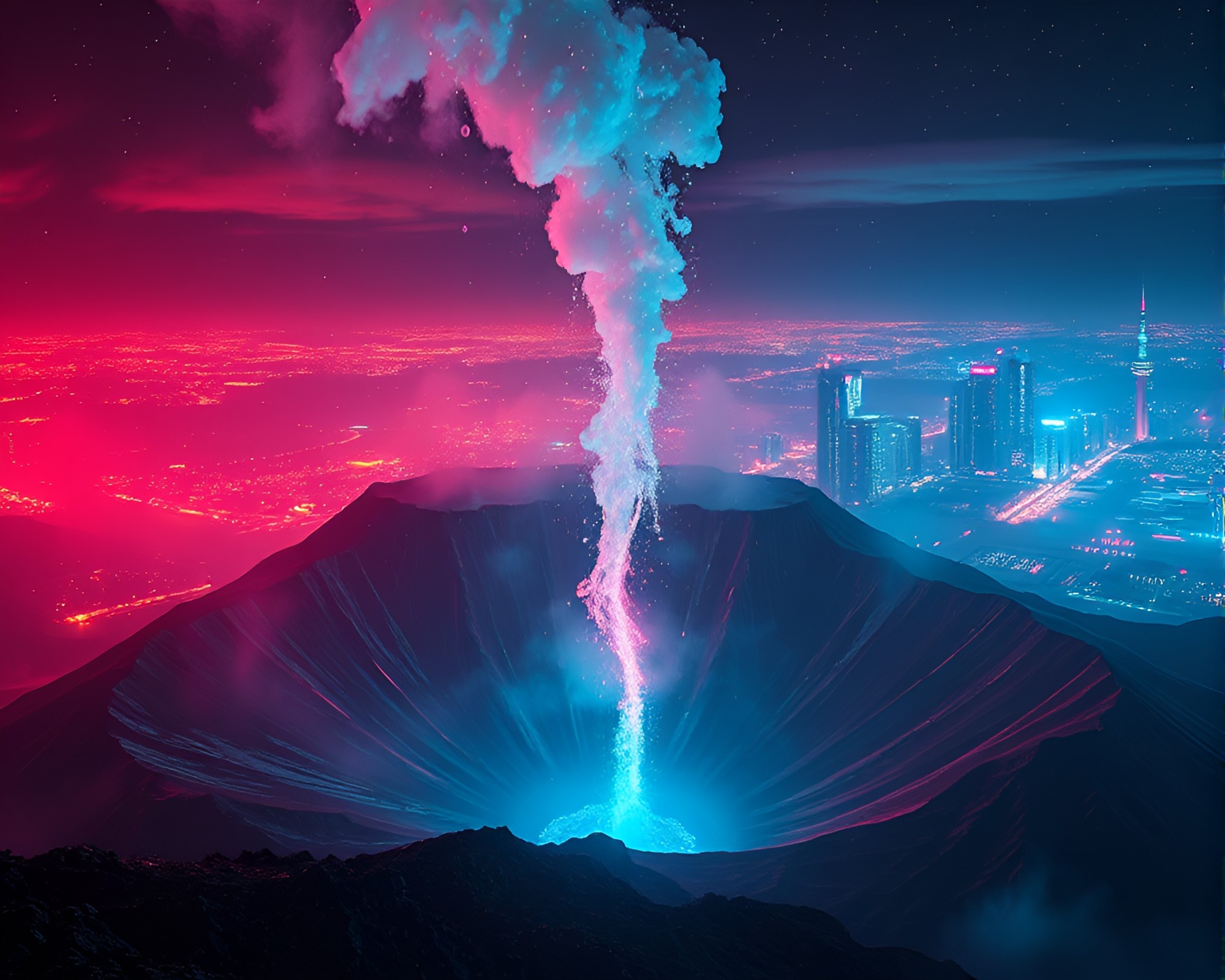Neon Volcano Crater: Synthwave Water Droplets Fantasy – free AI stock image