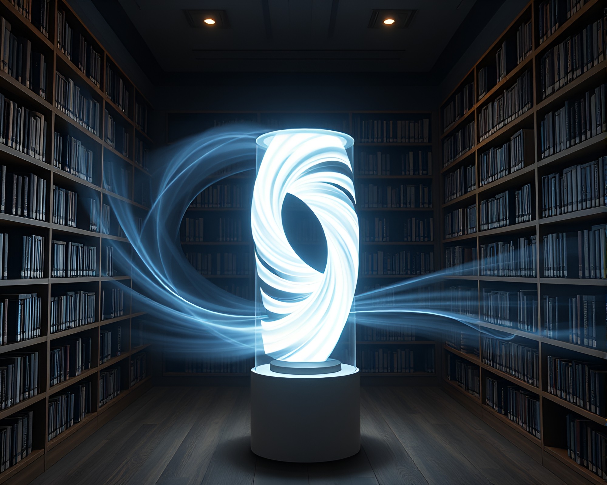 Quantum Teleportation Vortex in Minimalist Library Setting – free AI stock image