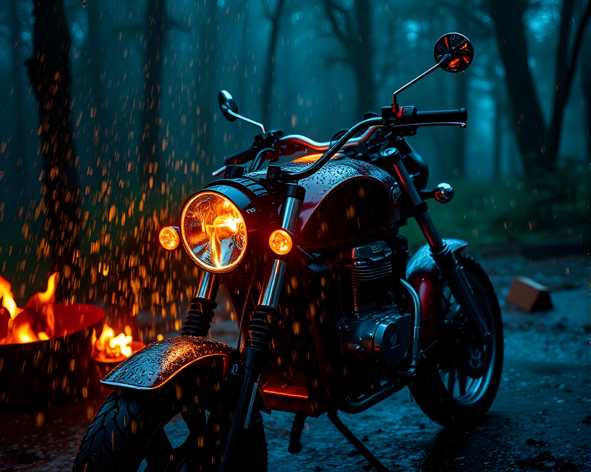 Motorcycle ride through dew-covered forest in 3D – free AI stock image