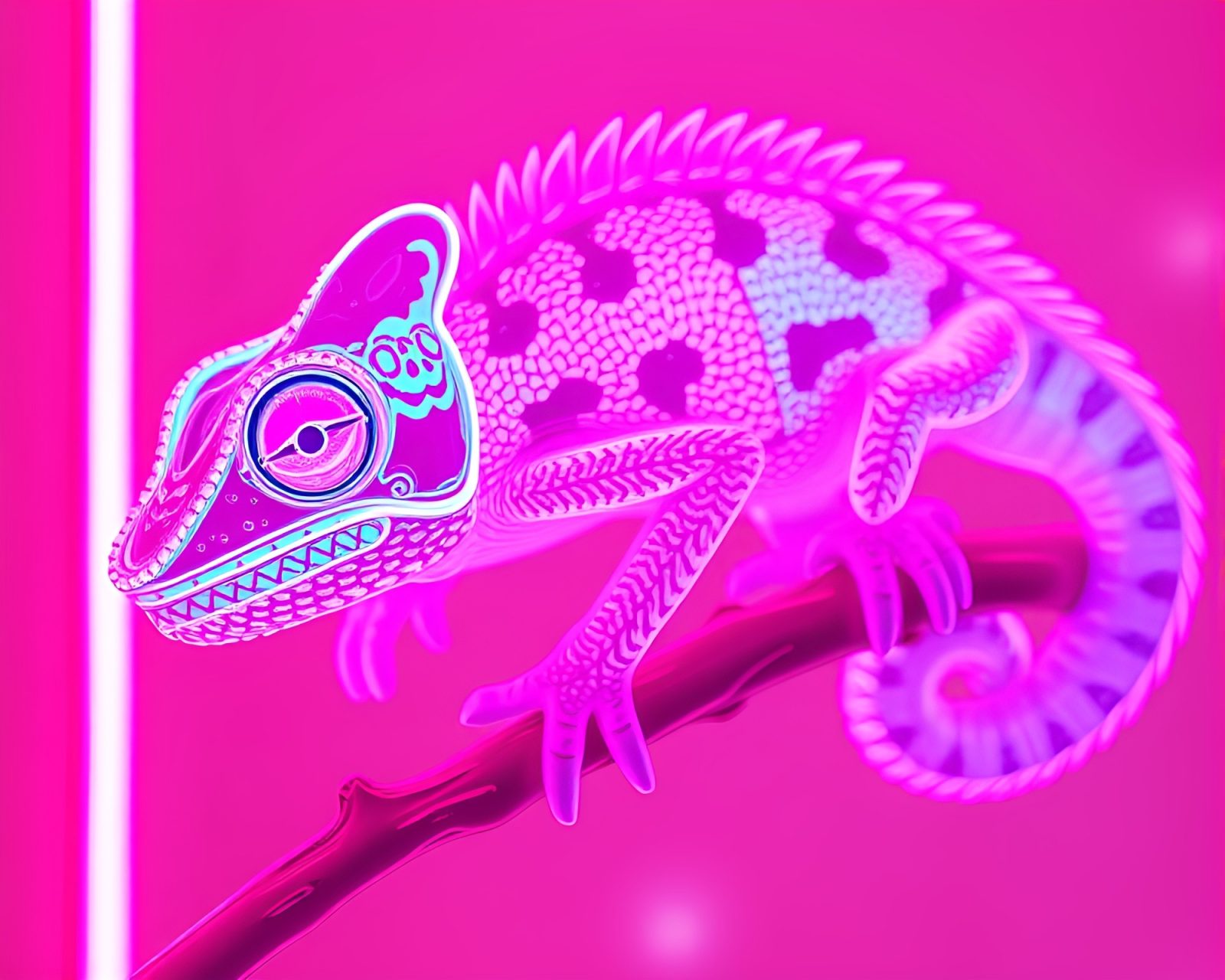 Blush pink chameleon seen through neon water distortion