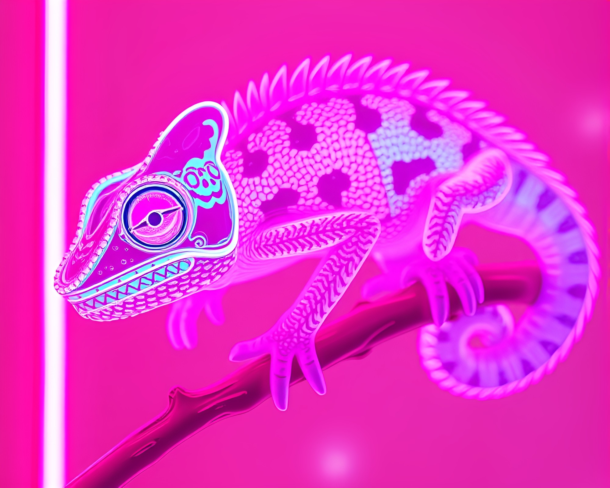 Neon Chameleon Water Reflection Distortion – free AI stock image