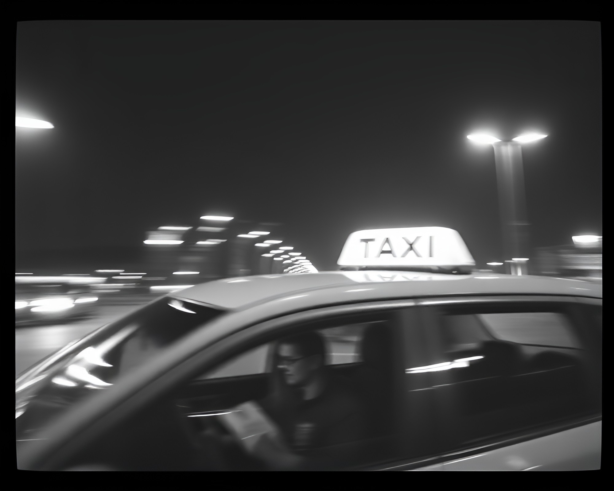 City Night Taxi Rush Under Airplane Lights – free AI stock image