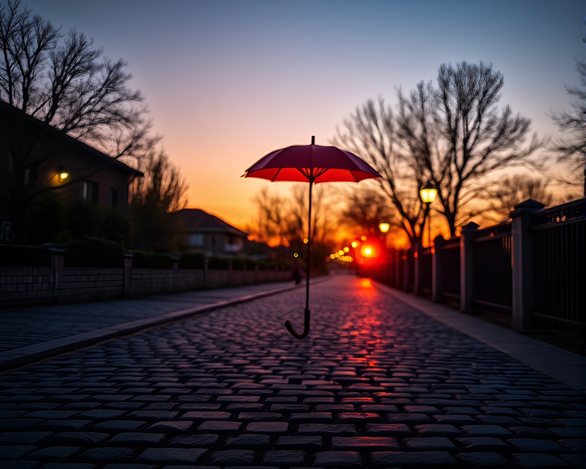 Neon-lit Umbrella on Cobblestone Path at Sunset – free AI stock image