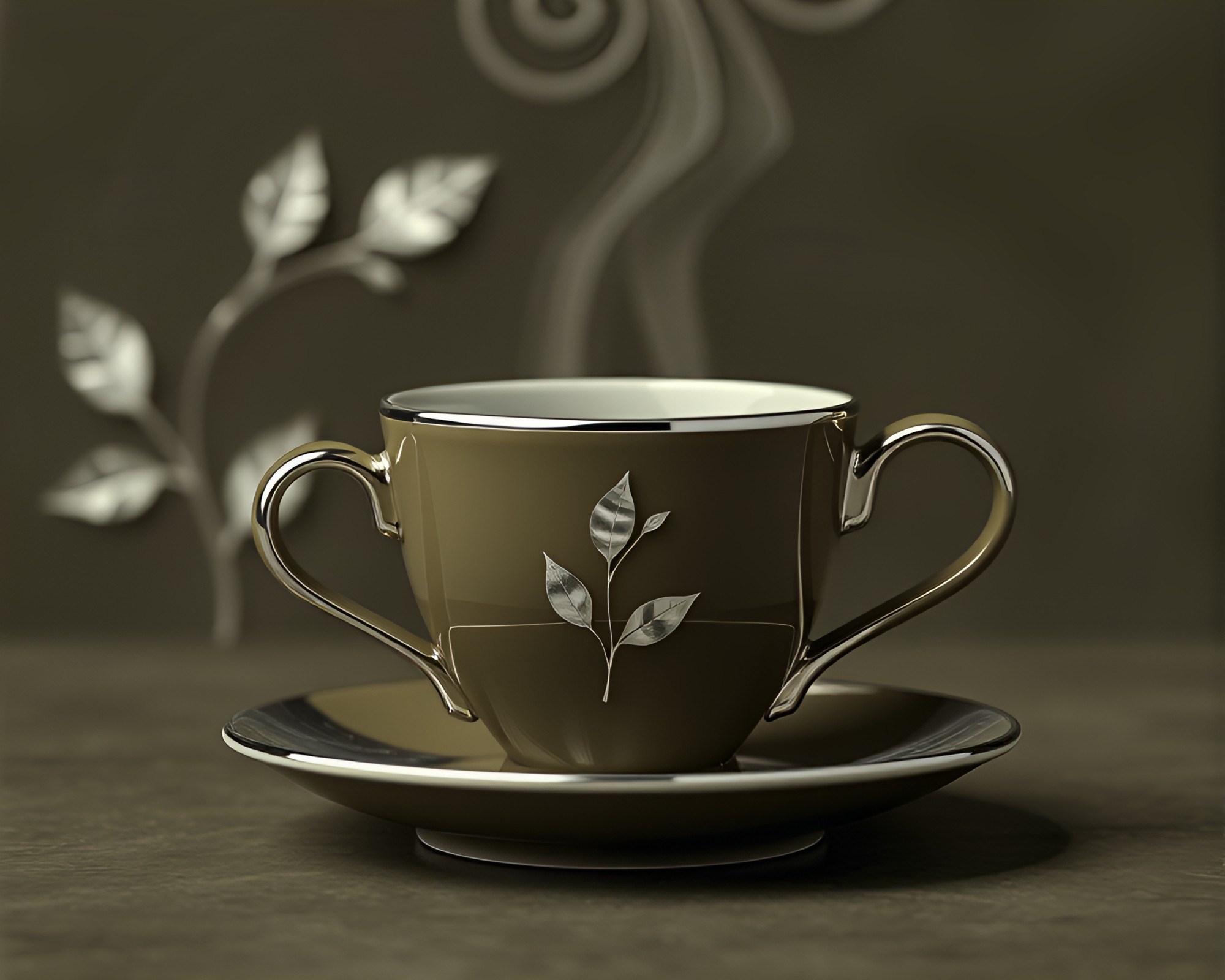 Stereoscopic Coffee Cup with Silver Leaf Accents – free AI stock image