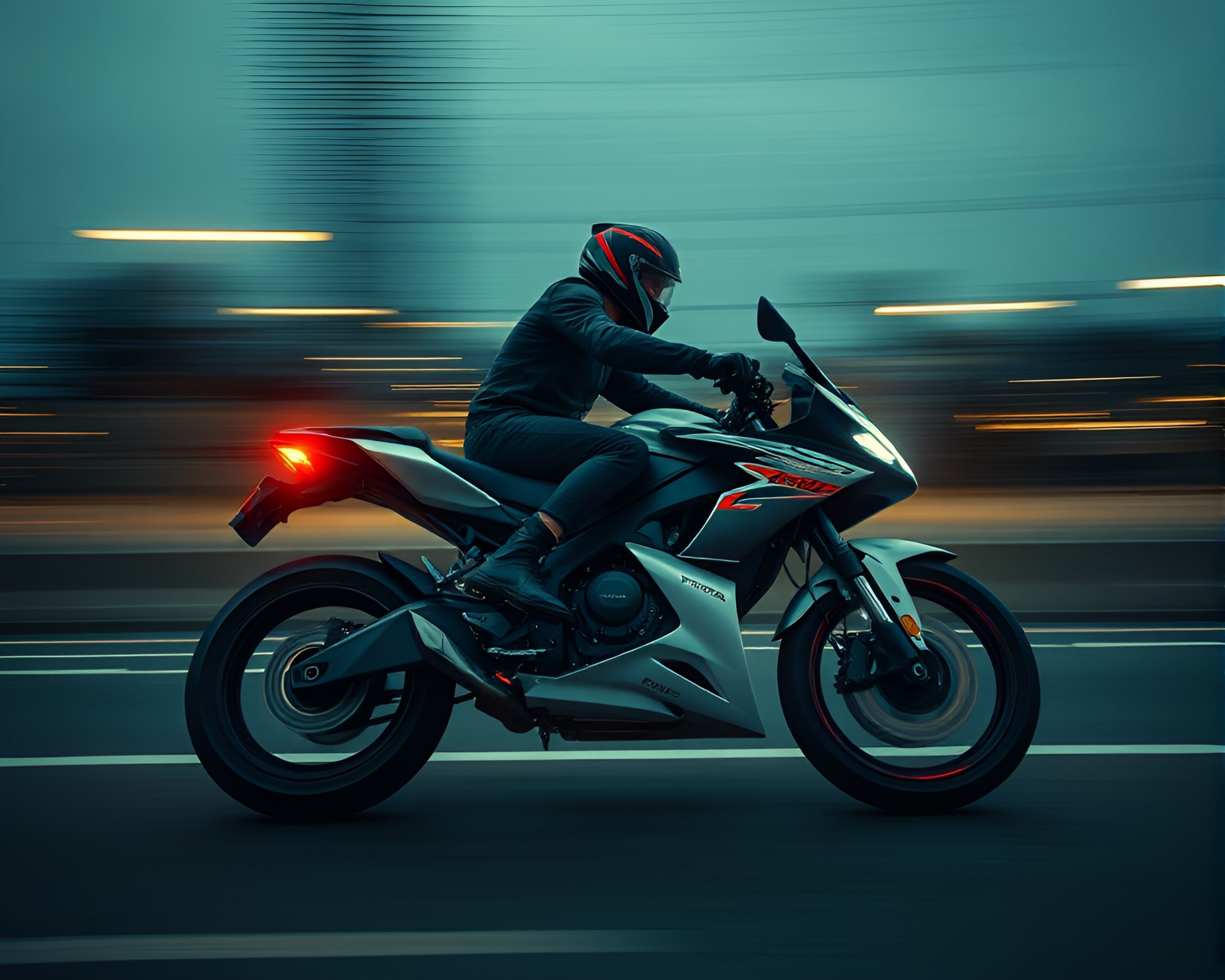 Futuristic Hoverbike Races Through City Streets with Motion Blur – free AI stock image