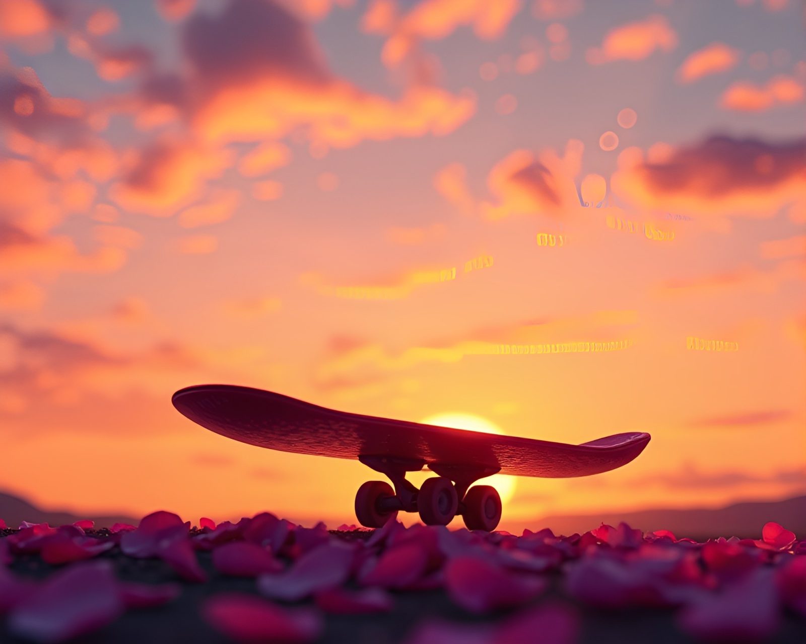 A wireframe skateboarder gliding through a colorful petal-strewn sunset
