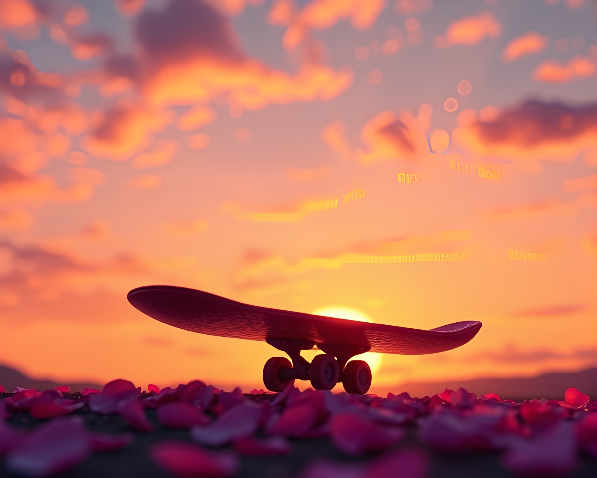 Vibrant Sunset Skateboarder Amidst Flower Petal Shower – free AI stock image