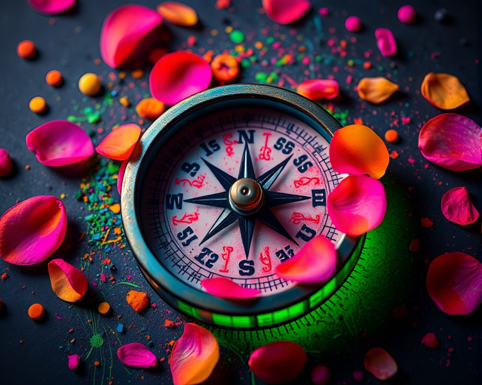 Vibrant neon colors splattered around antique compass amidst flower petals