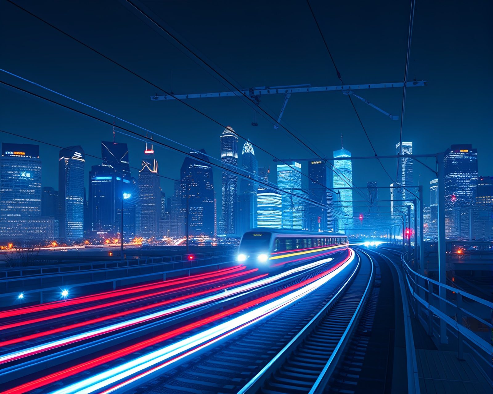 Futuristic steel-blue cityscape drenched in light from passing train