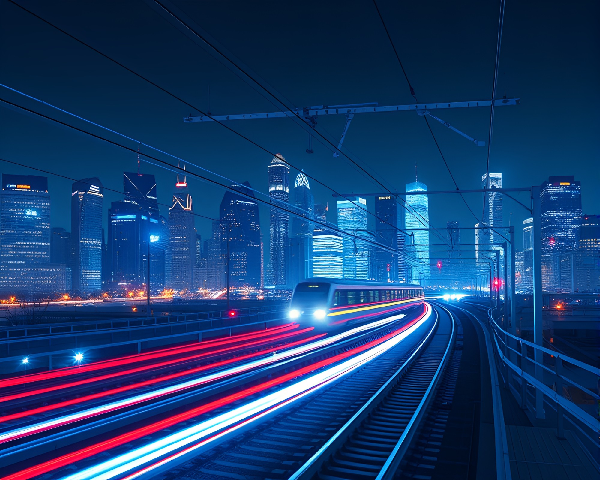 Vivid Virtual Cityscape with Glowing Train Light Trails – free AI stock image