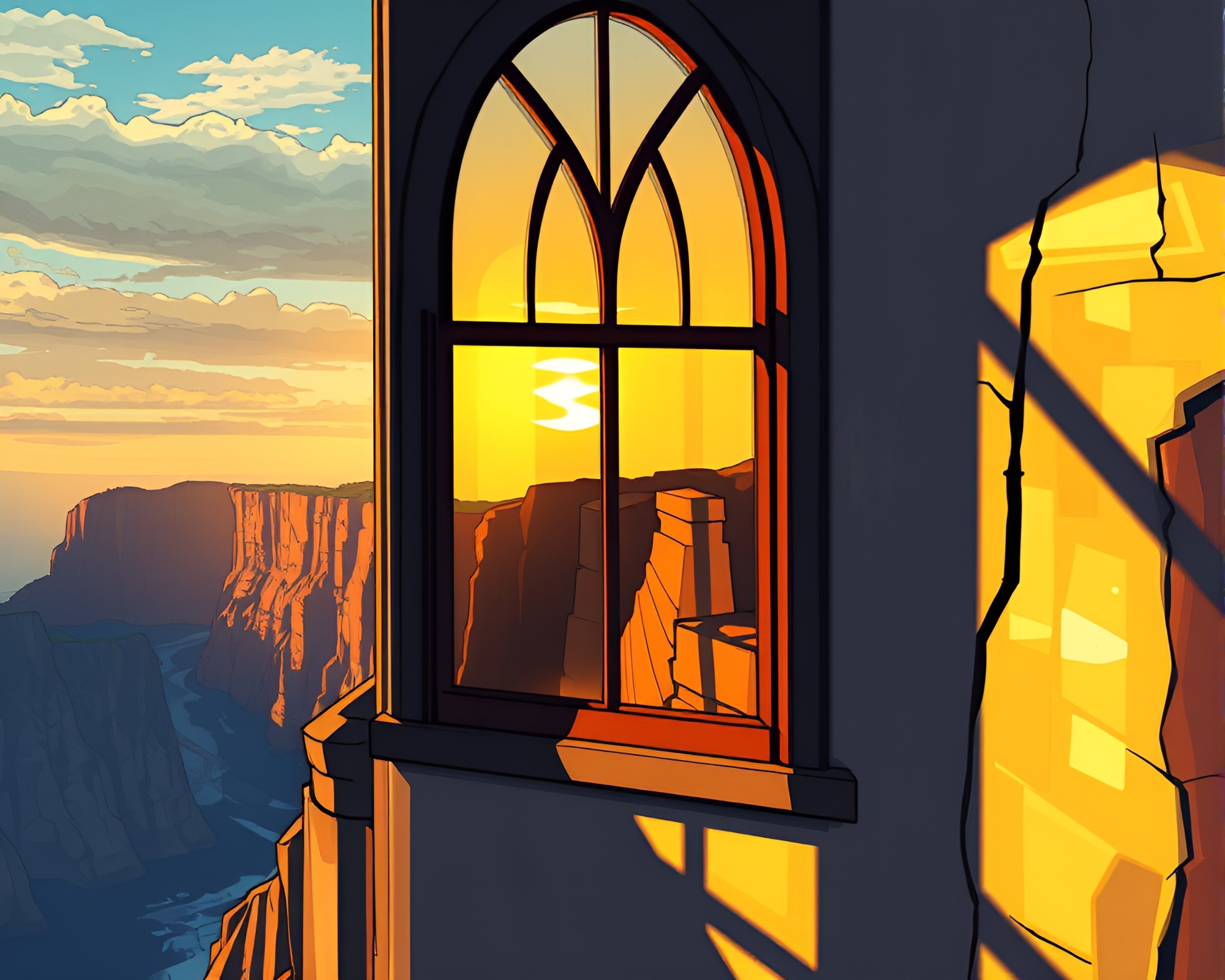 Glowing Chrome Stained-Glass Cliffside Reflection – free AI stock image