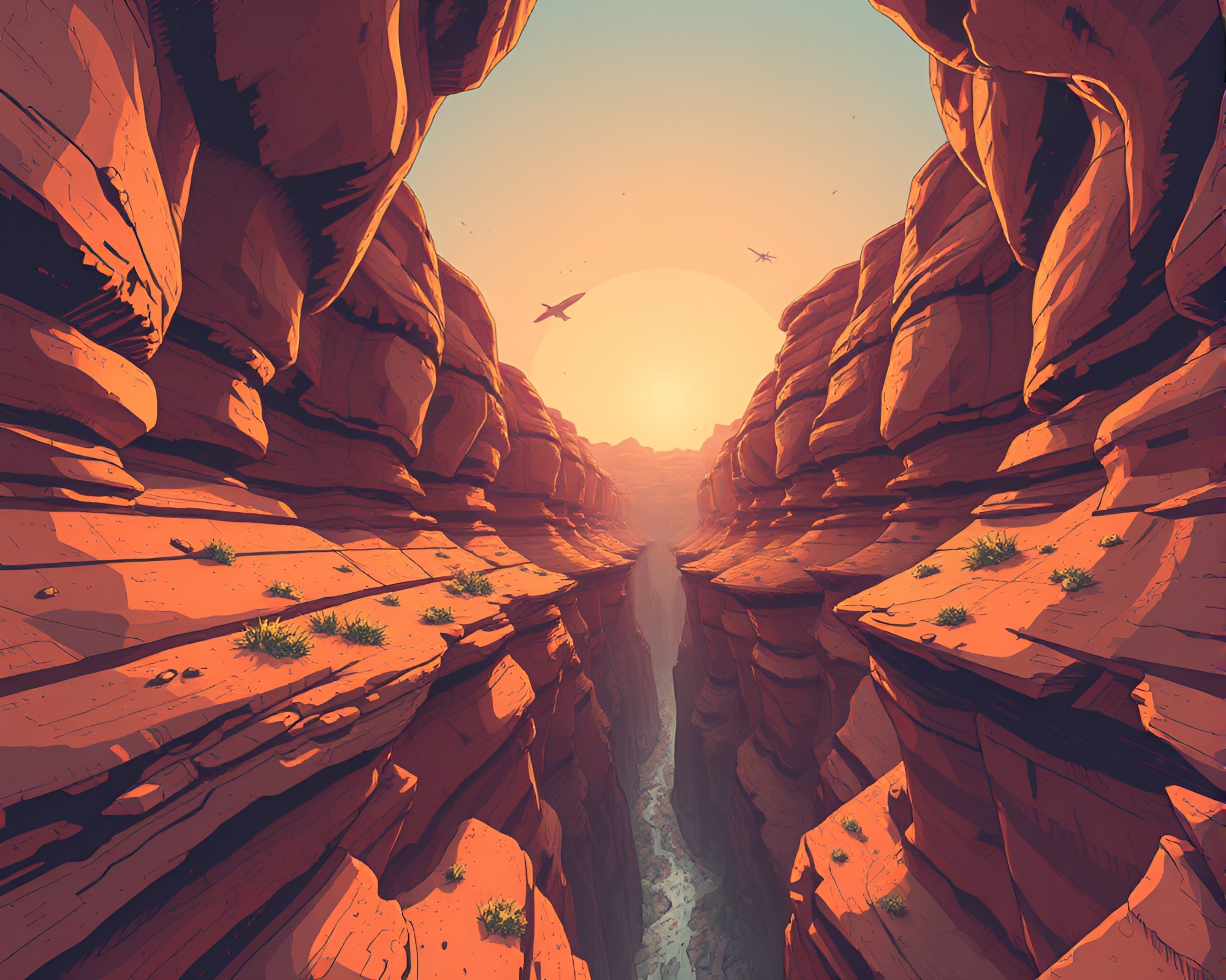 Cyberpunk Floating Crystal Canyon Rust Tone Illustration – free AI stock image