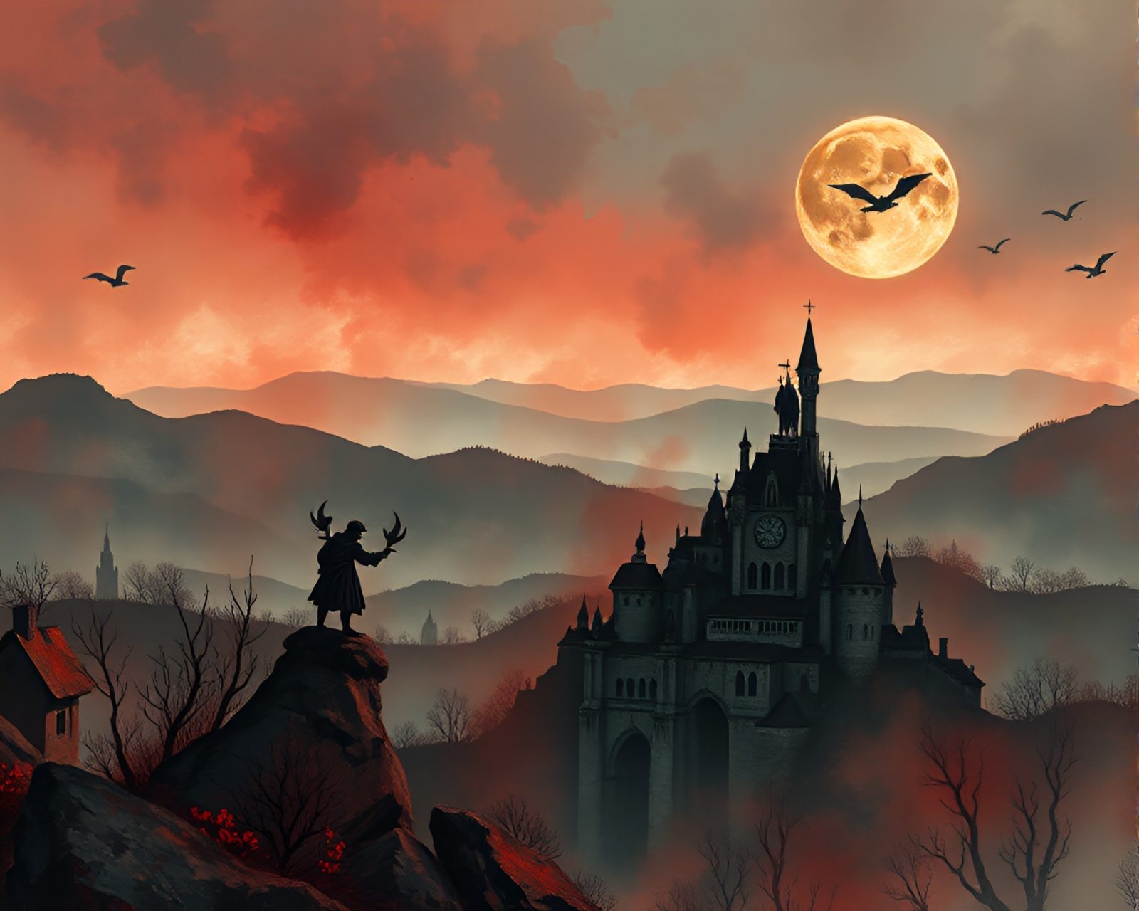 Vampire Castle overlooking eerie acid wash landscape at twilight