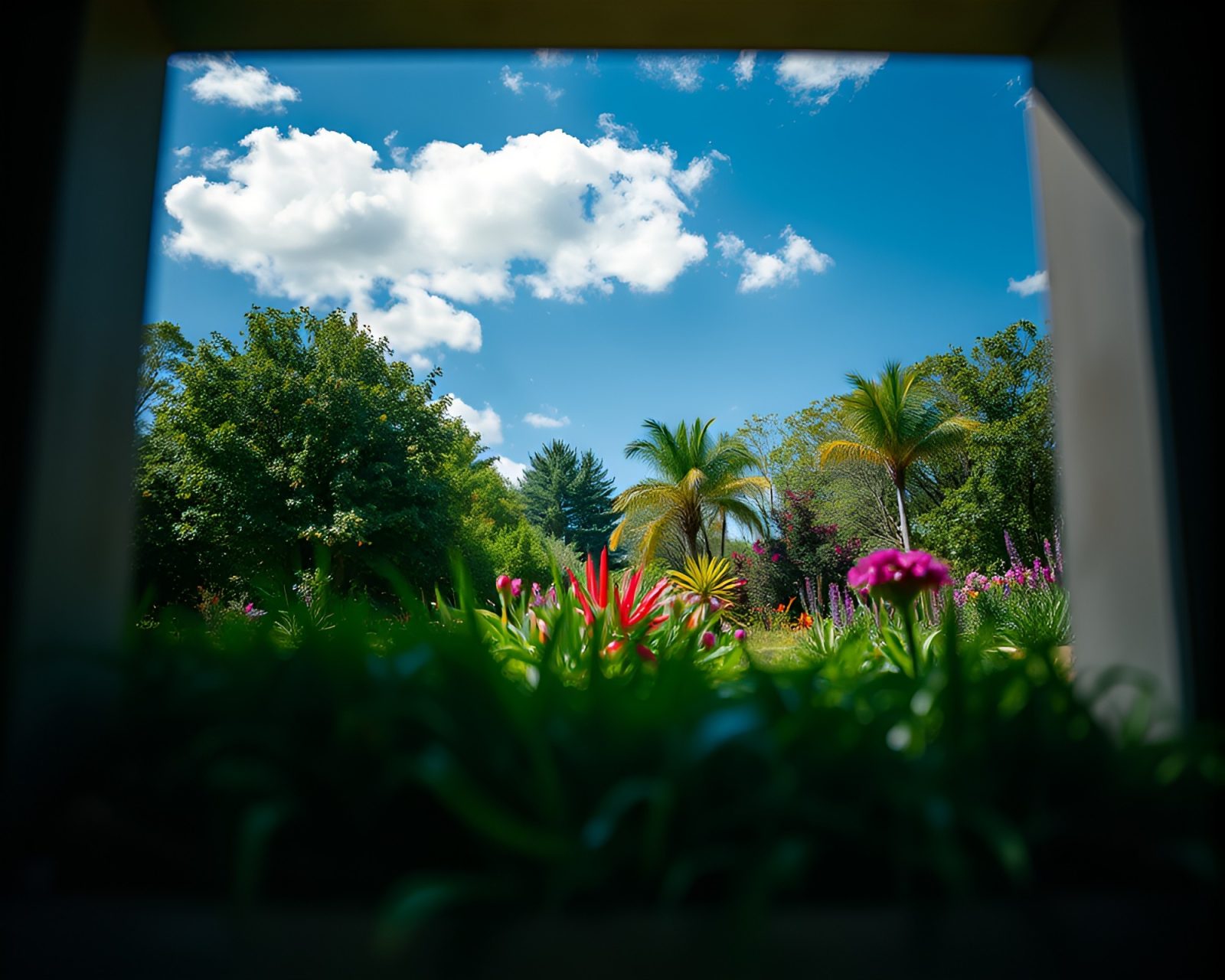 A mesmerizing garden framed by lush greenery under the spotlight
