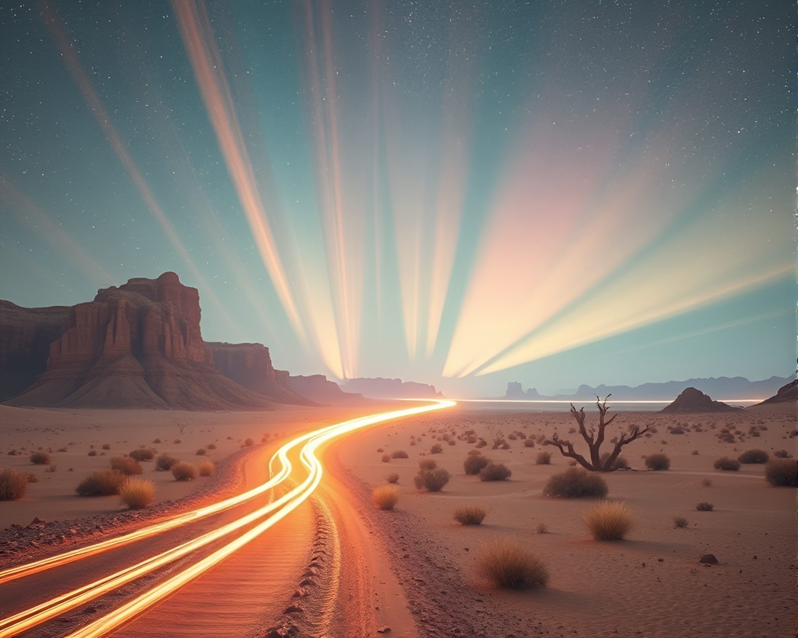 Ethereal pastel light trails in a surreal desert mirage
