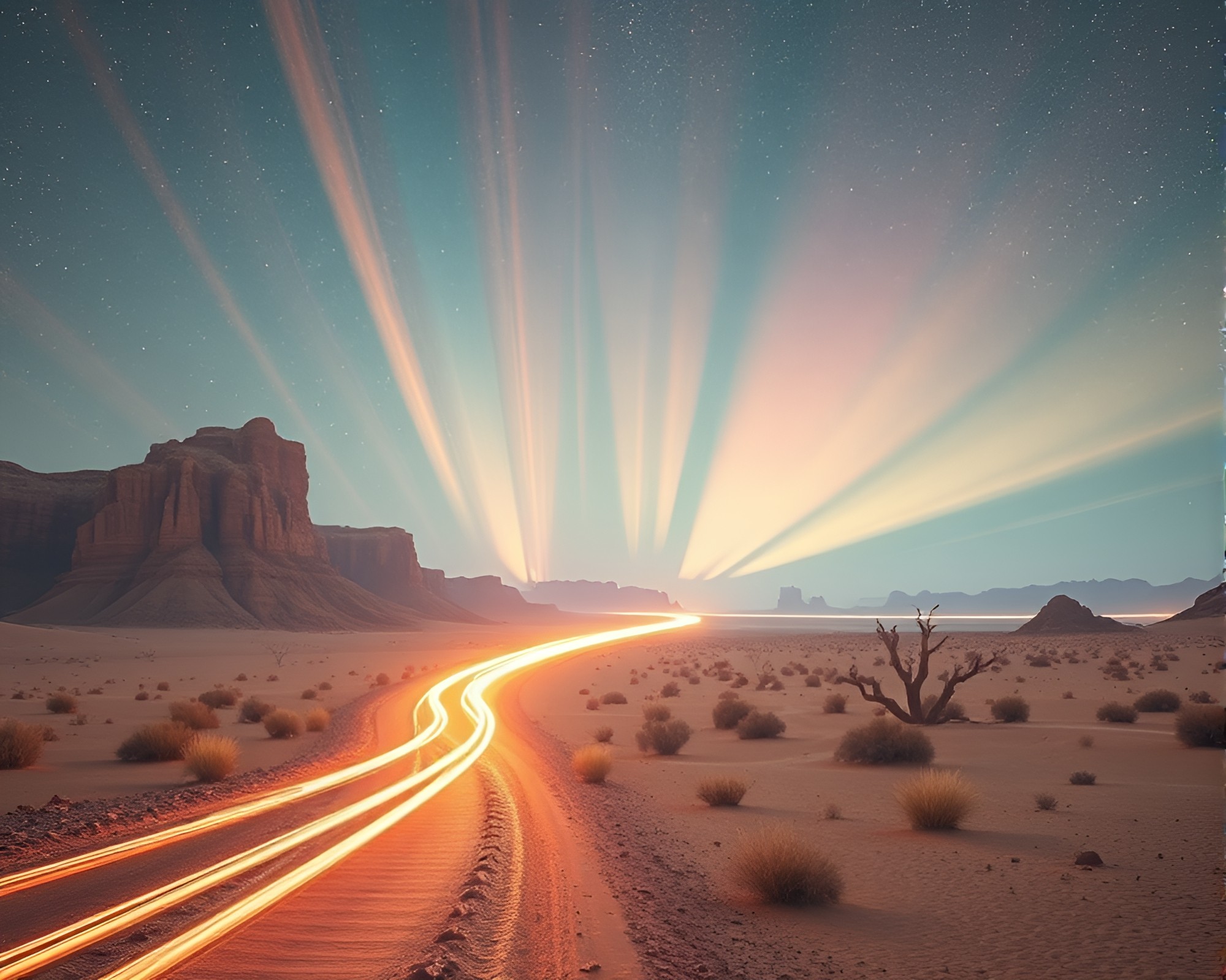 Surreal Desert Mirage: Planetary Pastel Light Trails – free AI stock image