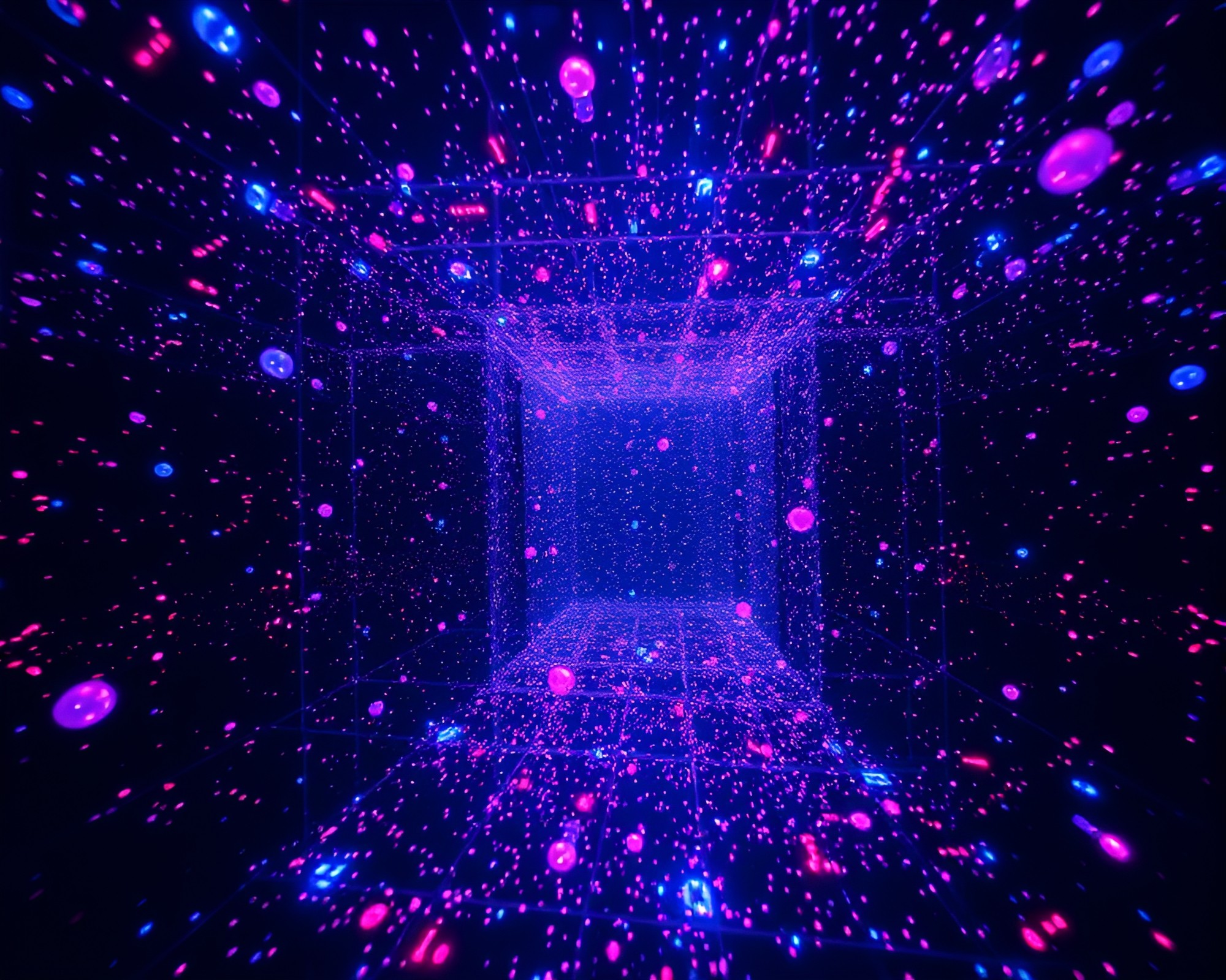 Floating Bioluminescent Particles in Mirror Maze – free AI stock image