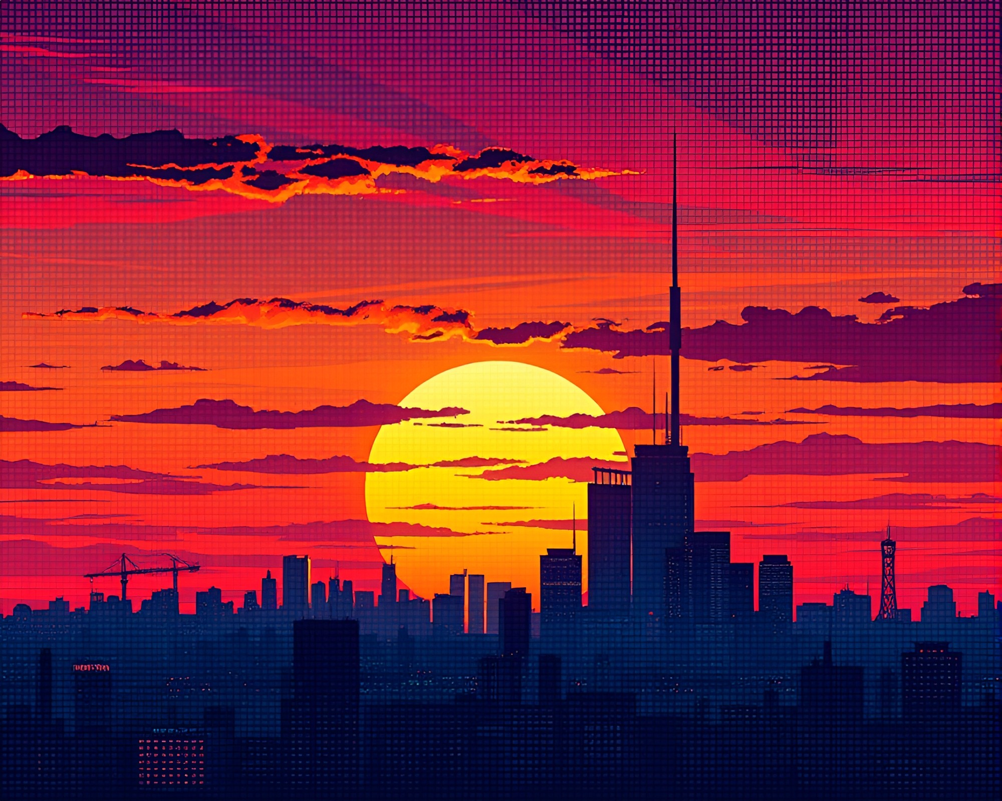 Aesthetic Steampunk Sunset over Halftone Grid City – free AI stock image