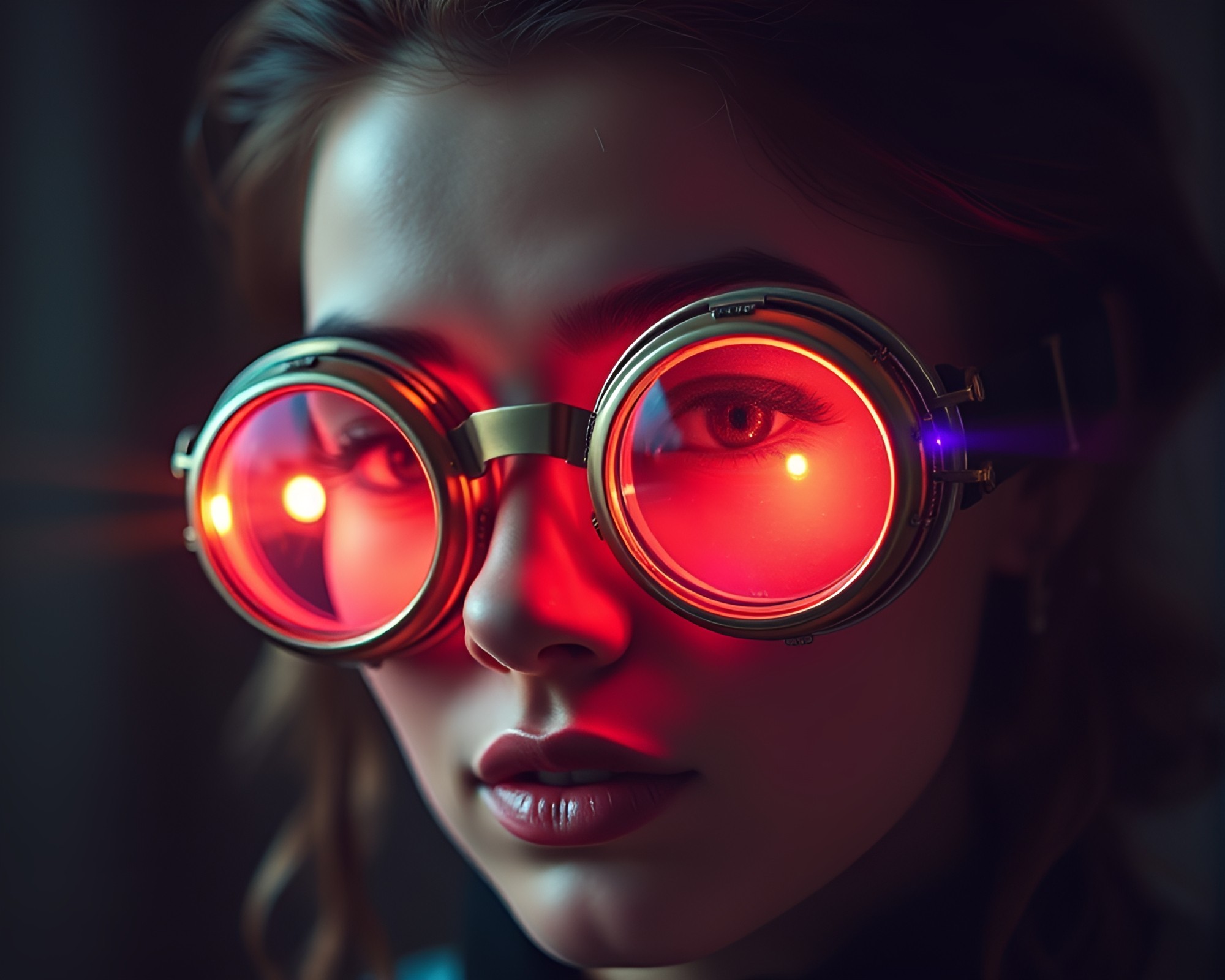 Steampunk goggles projecting hologram specks in peachy glow – free AI stock image