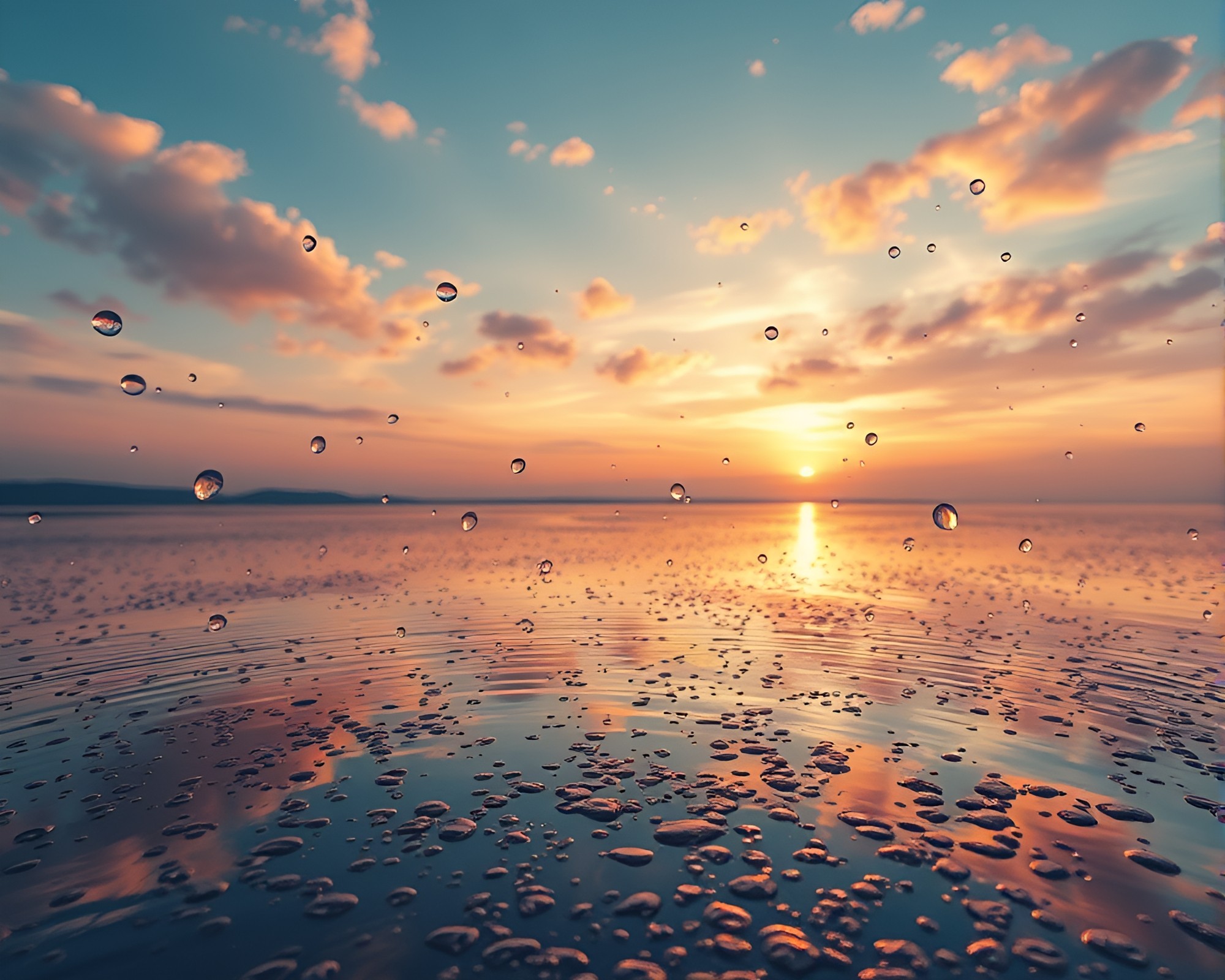 Virtual Reality Oasis with Water Droplets at Sunrise – free AI stock image