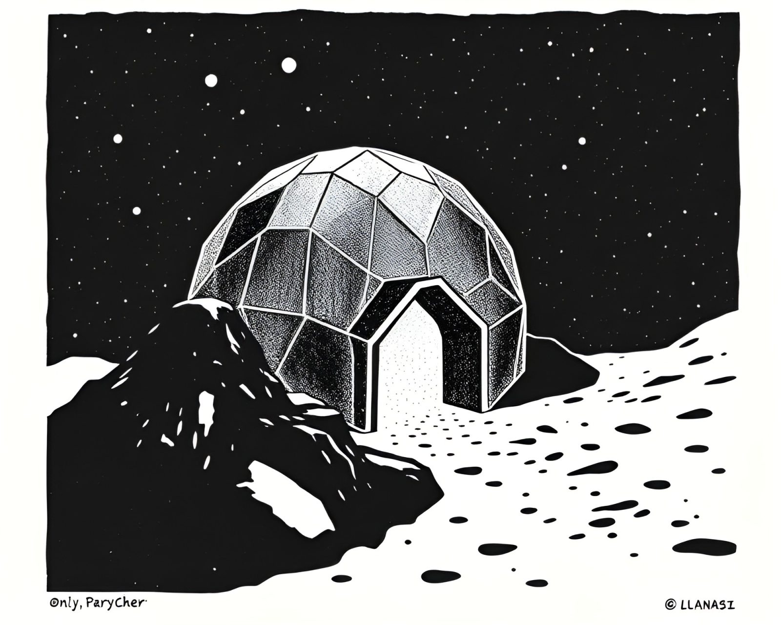 Abstract linocut print of glass igloo amidst volcanic ash