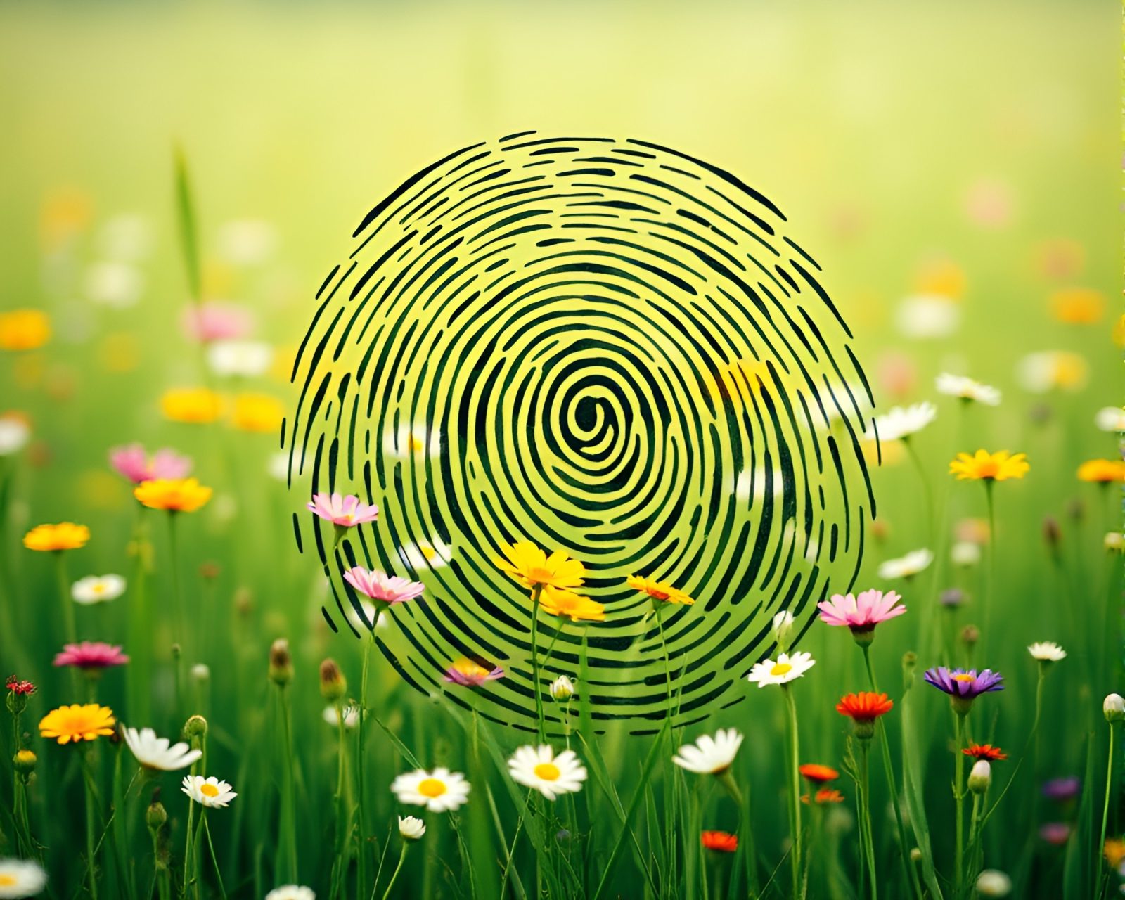 Skeuomorphic flower meadow under grainy film lighting with fingerprint swirls