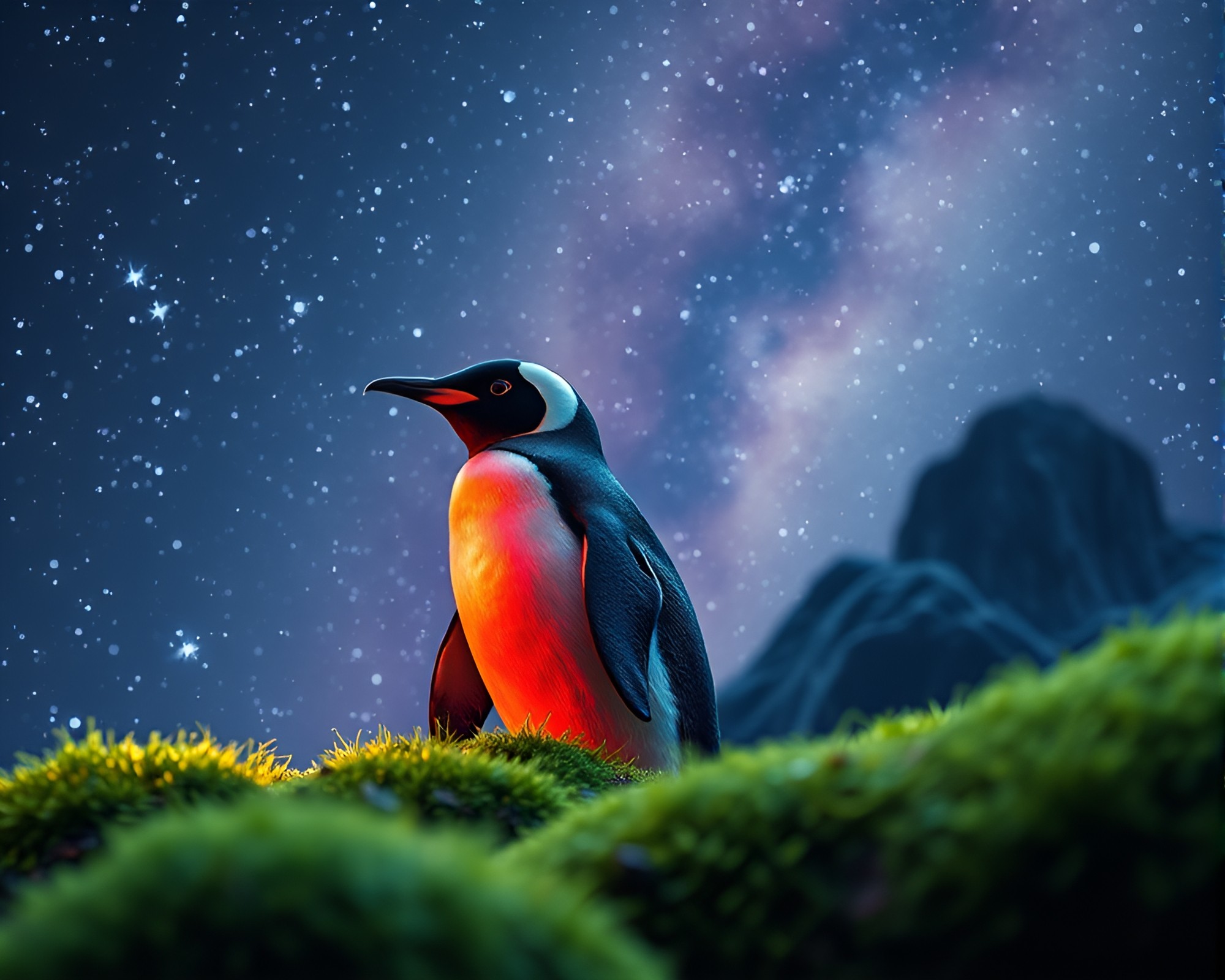 Penguin gazing at starlit sky over lush moss – free AI stock image