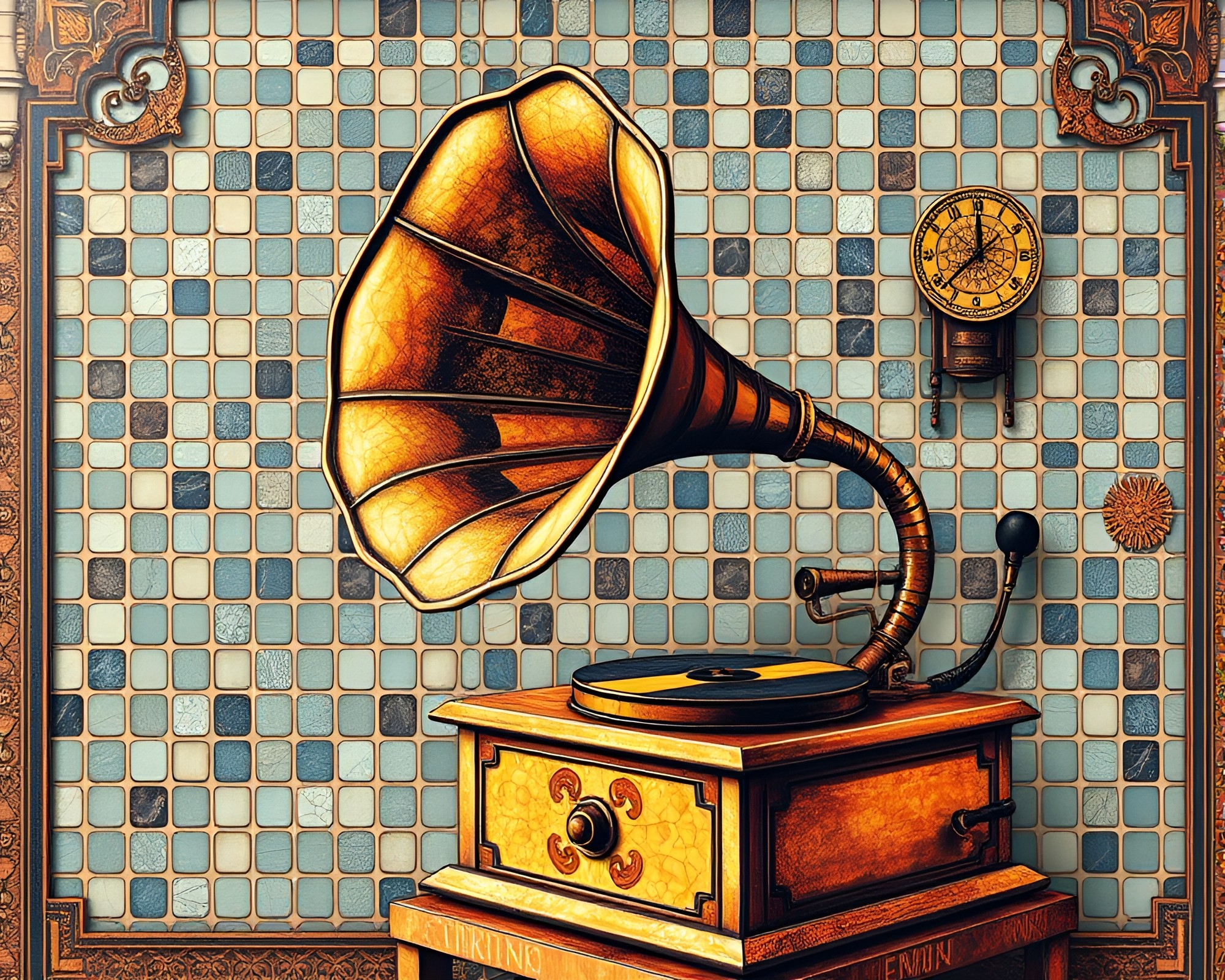 Steampunk Gramophone Mosaic Tiling Artwork – free AI stock image