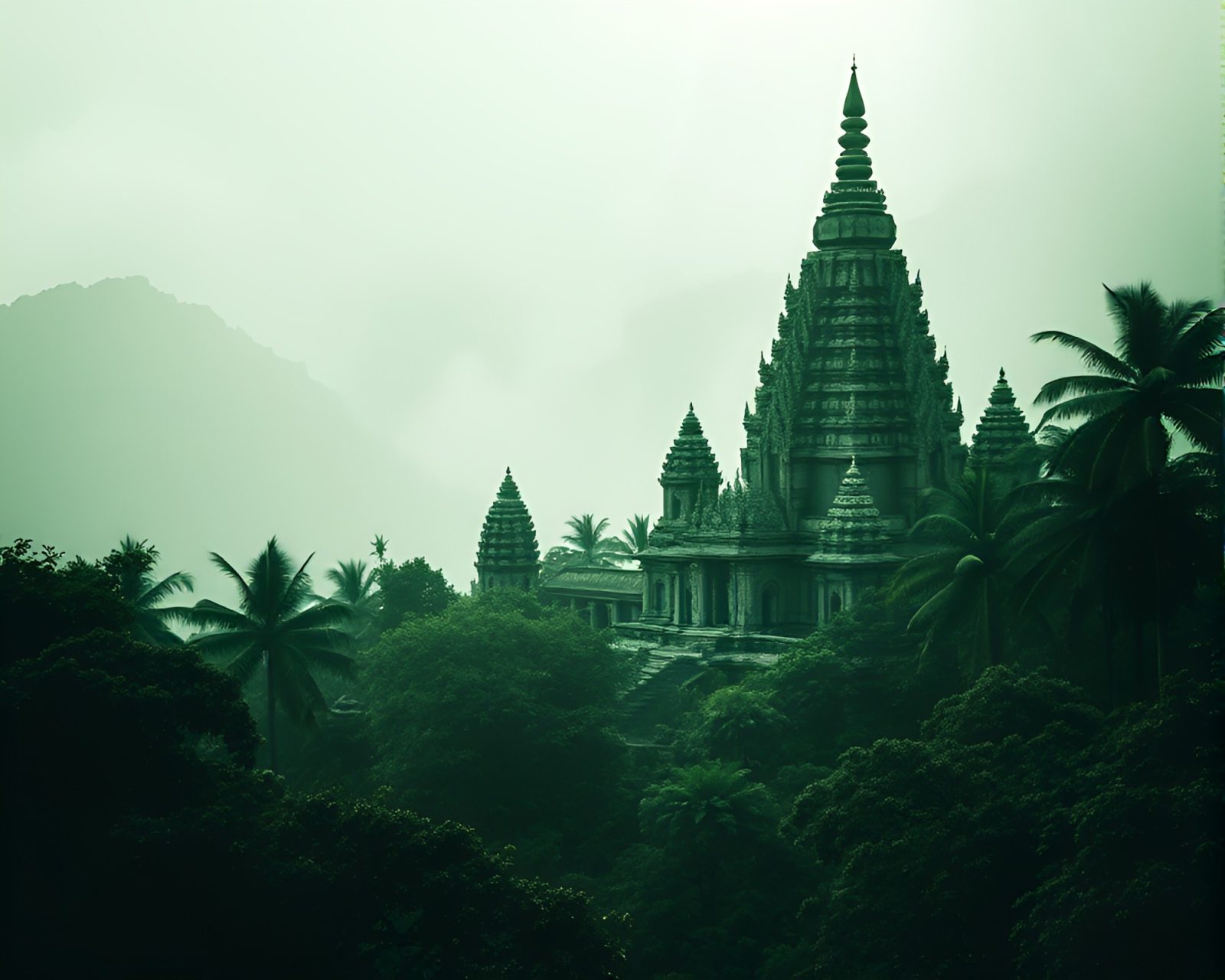 A monochrome stippled temple in a mystical green rainforest