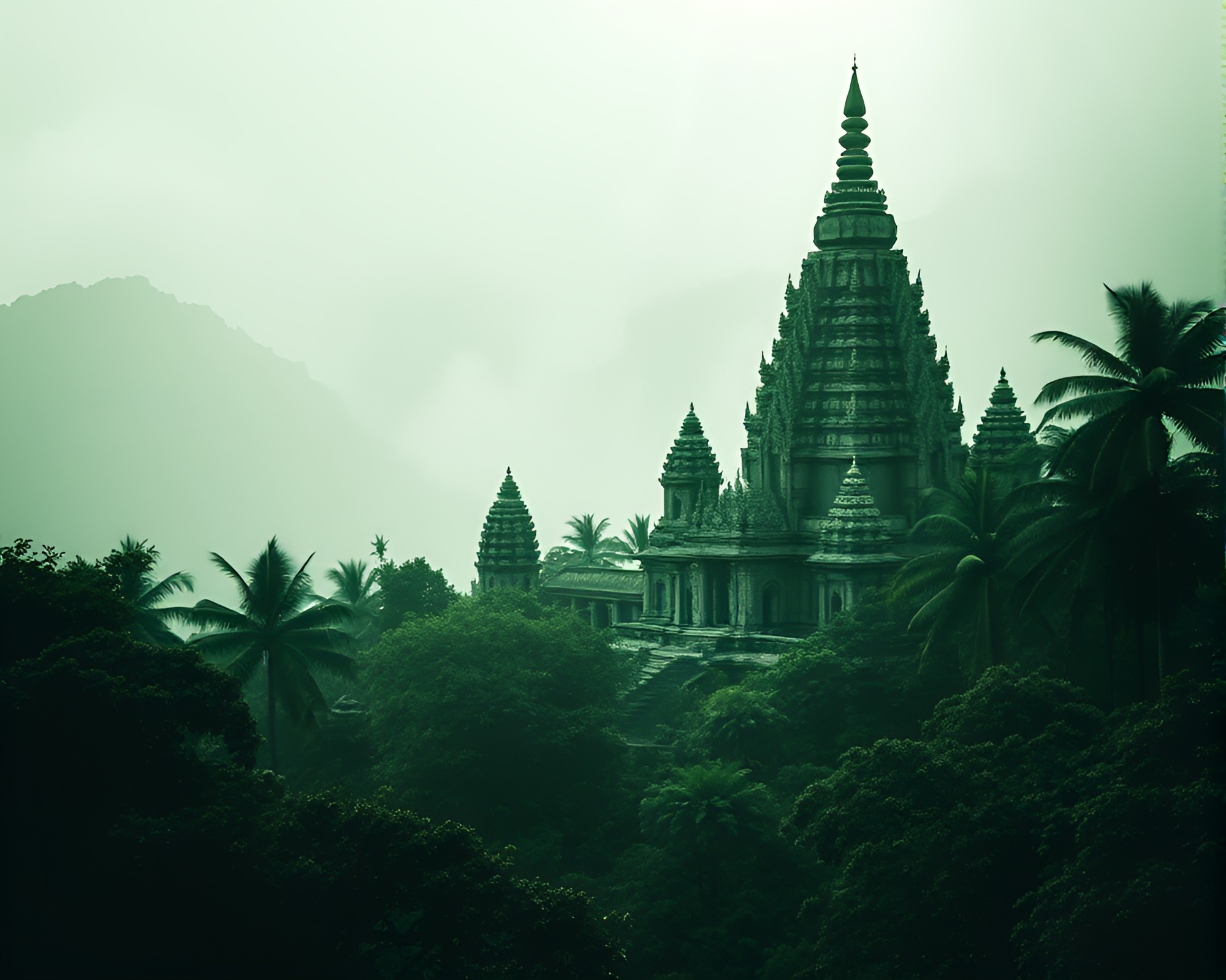 Serenity in Monochrome: Enchanting Temple Amidst Green Haze – free AI stock image