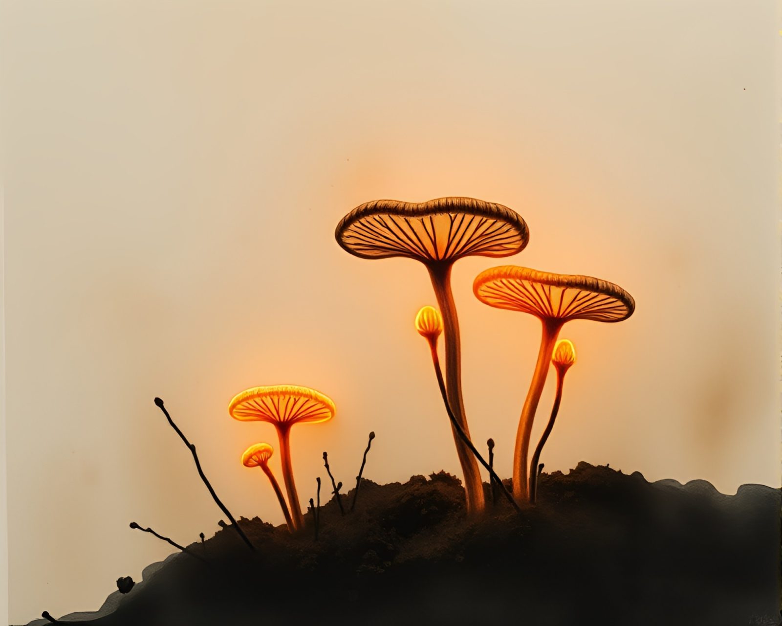 Muted earth tones with neon fungal bioluminescence in ink.