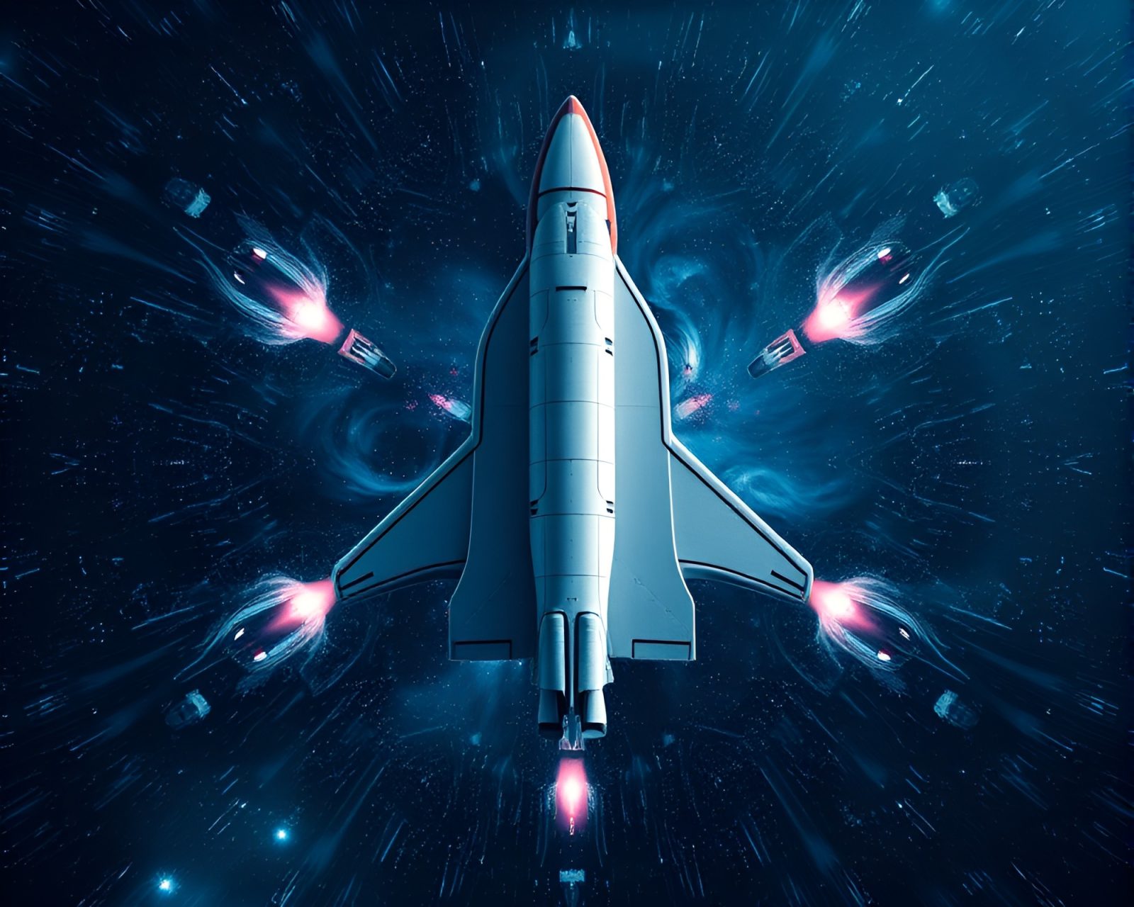 Procedural texture artwork of spacecraft flying in cosmic galaxy