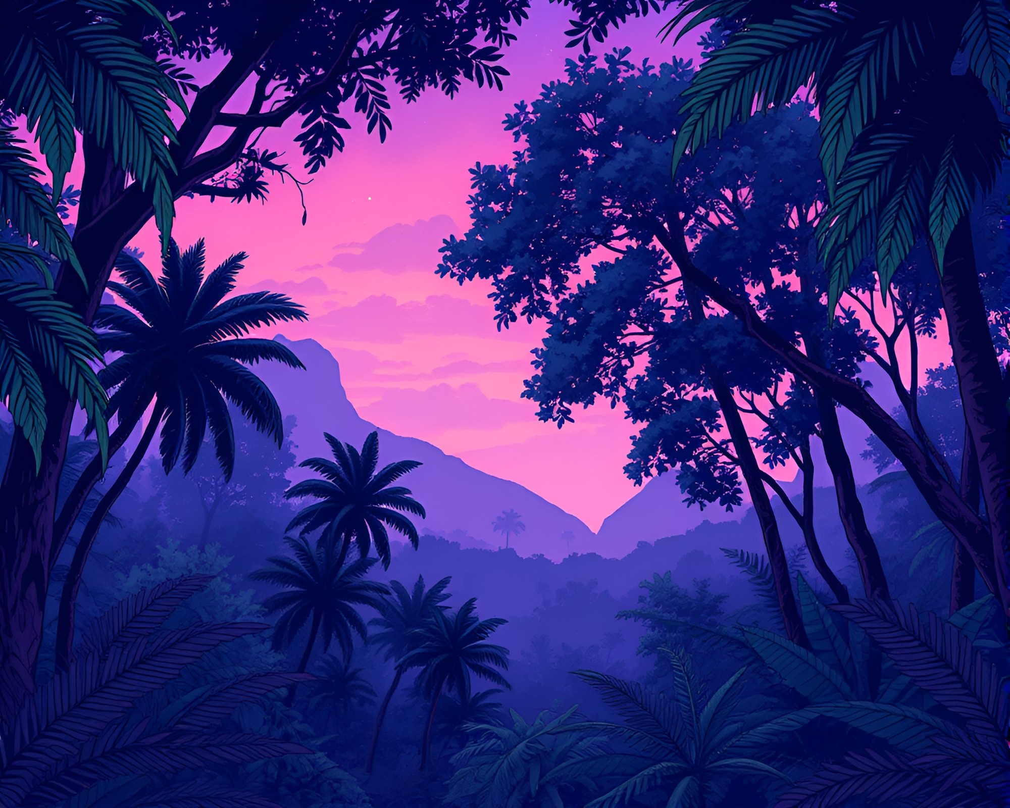 Twilight Canopy: Comic Rainforest Adventure – free AI stock image