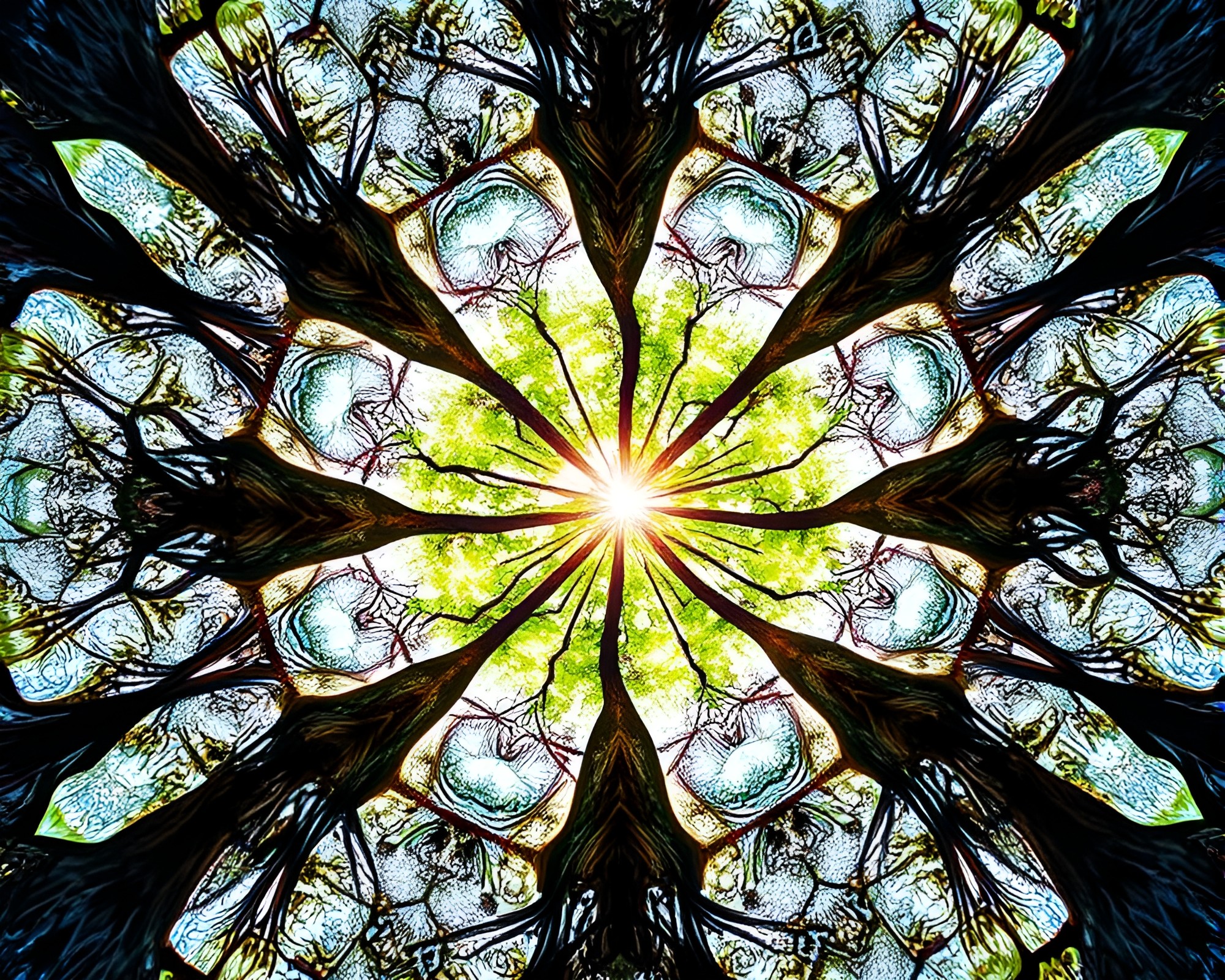 Kaleidoscope Tree Rings in Bright Midday Light – free AI stock image