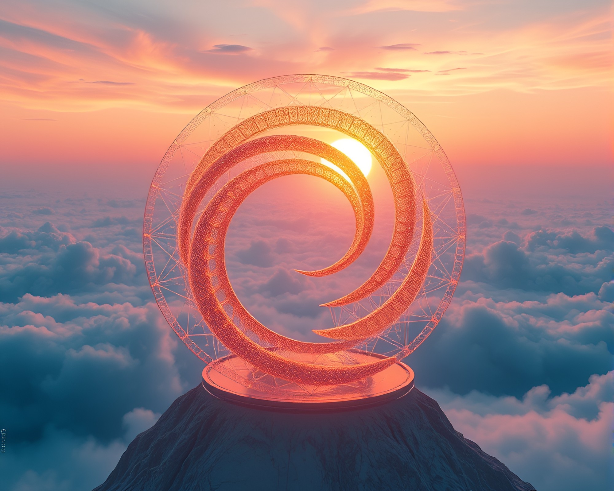 Sunrise Virtual Reality Hub with Hologram Golden Spiral – free AI stock image