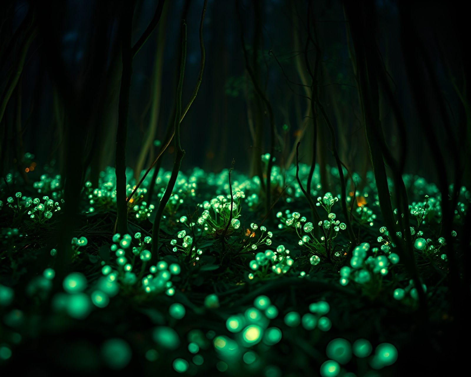 Vibrant earth-toned bioluminescent forest details in extreme close-up