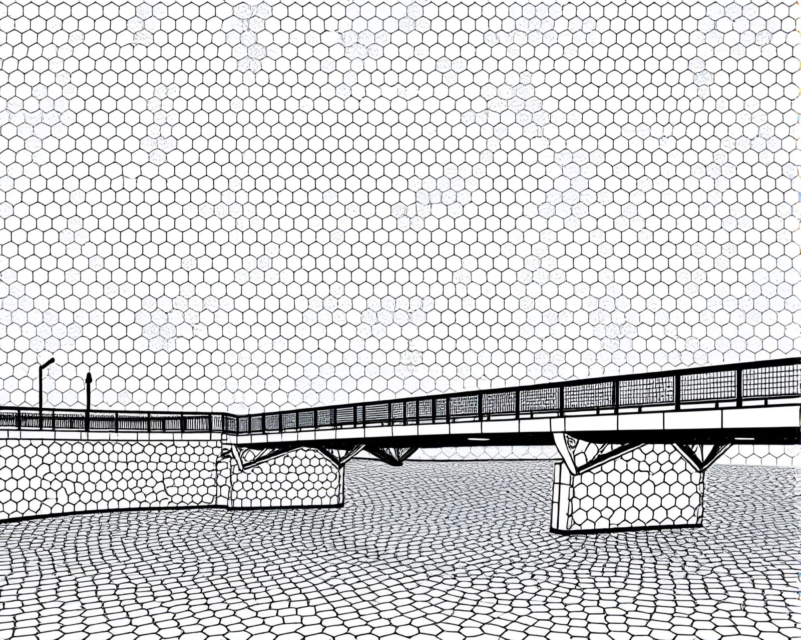 Vibrant hexagonal bridge design in high saturation line art style