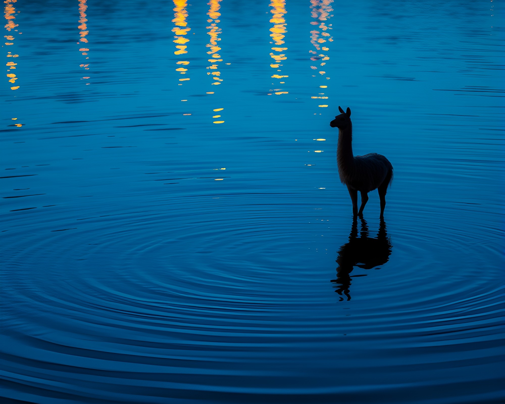 Llama Reflection in Mosaic Blue Hour Waters – free AI stock image