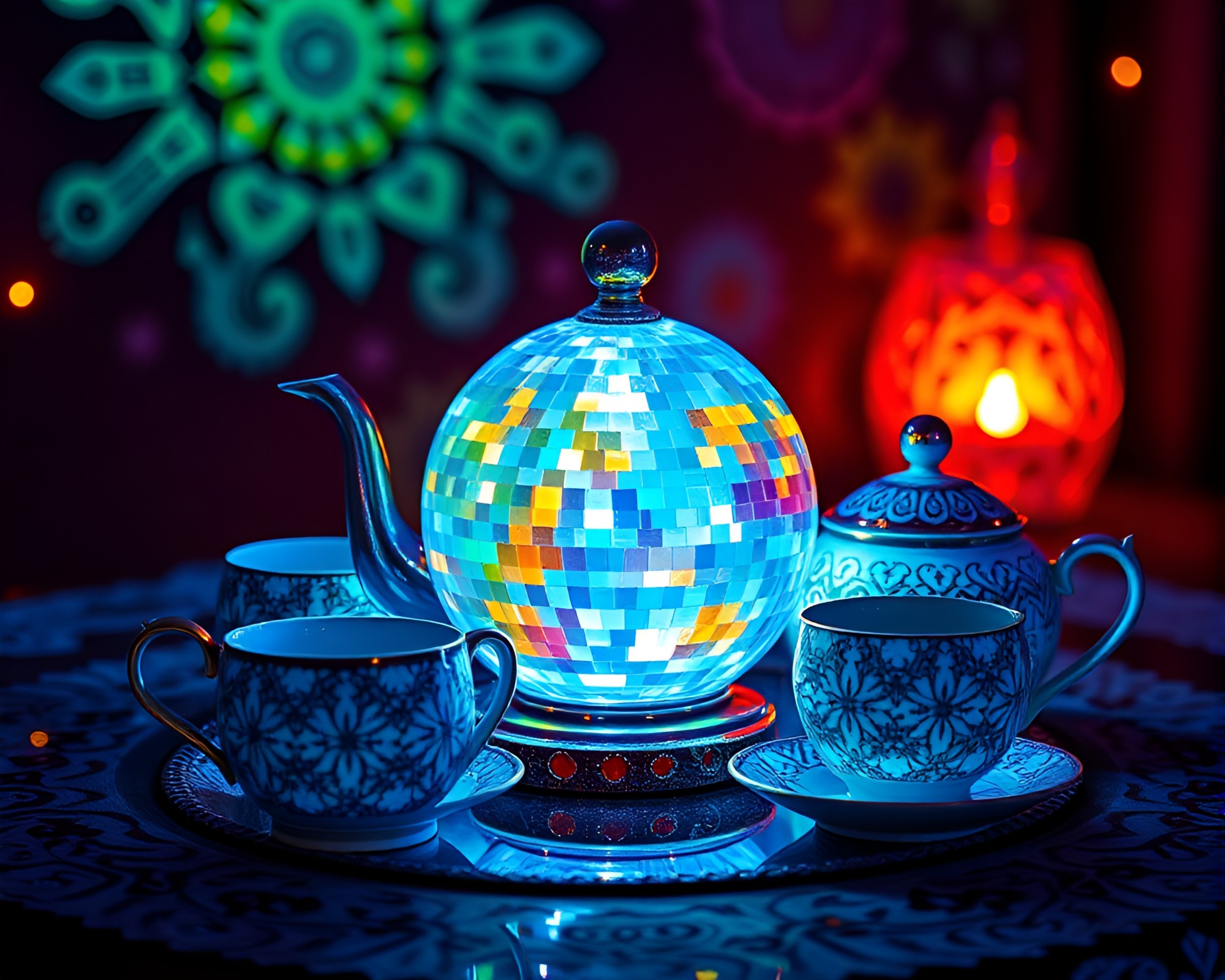 Intricate Patterns Tea Set Disco Ball Glimmer – free AI stock image