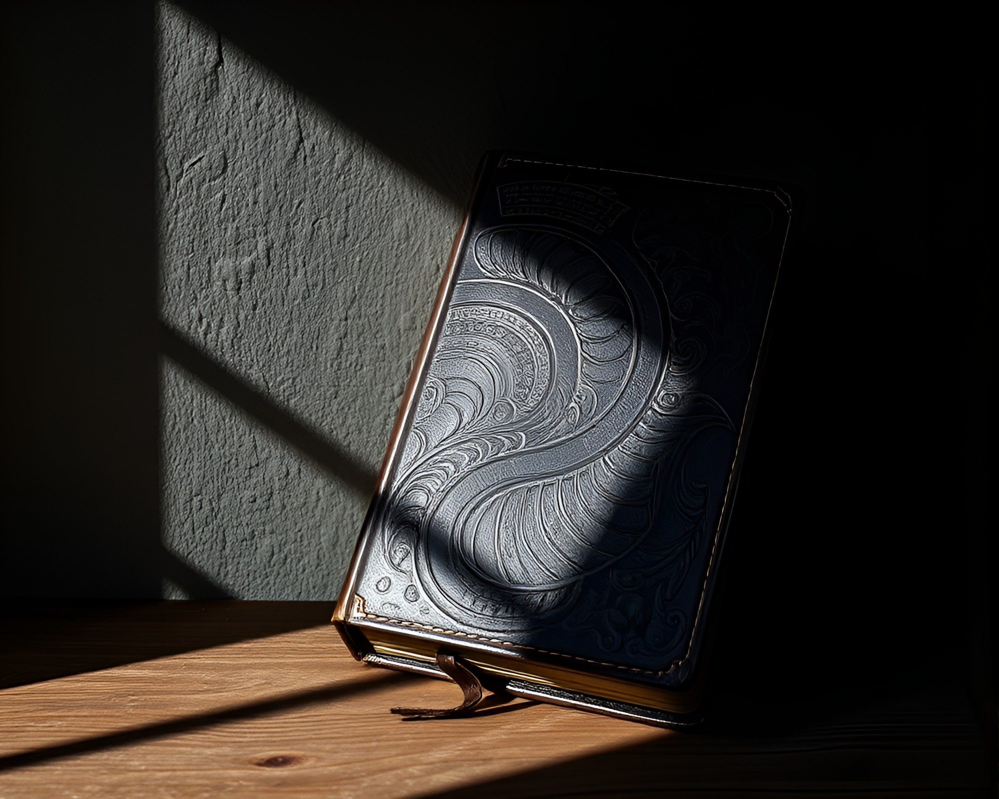 Grisaille Leather-bound Diary in Dutch Attic Shadows – free AI stock image