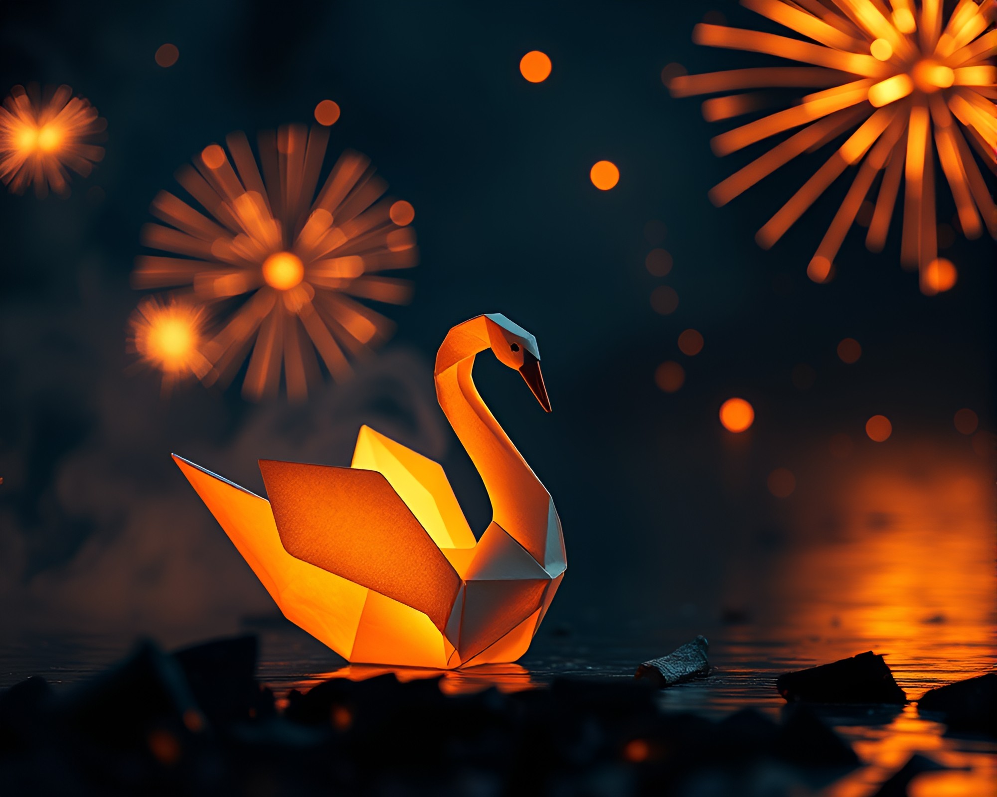 Bonfire Lit Origami Swan Fireworks Display – free AI stock image