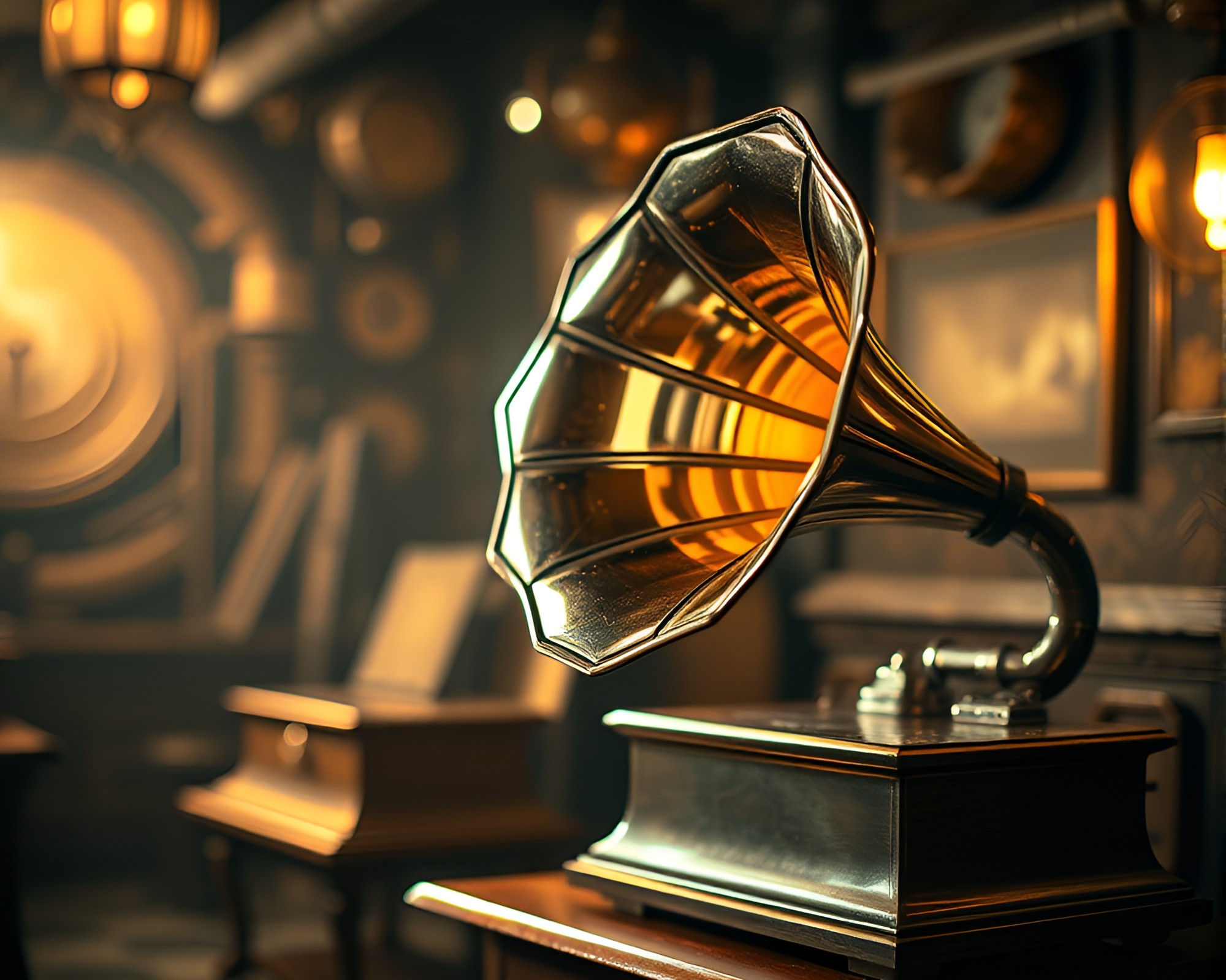Steampunk Gramophone in Dungeon Torchlight Reflections – free AI stock image