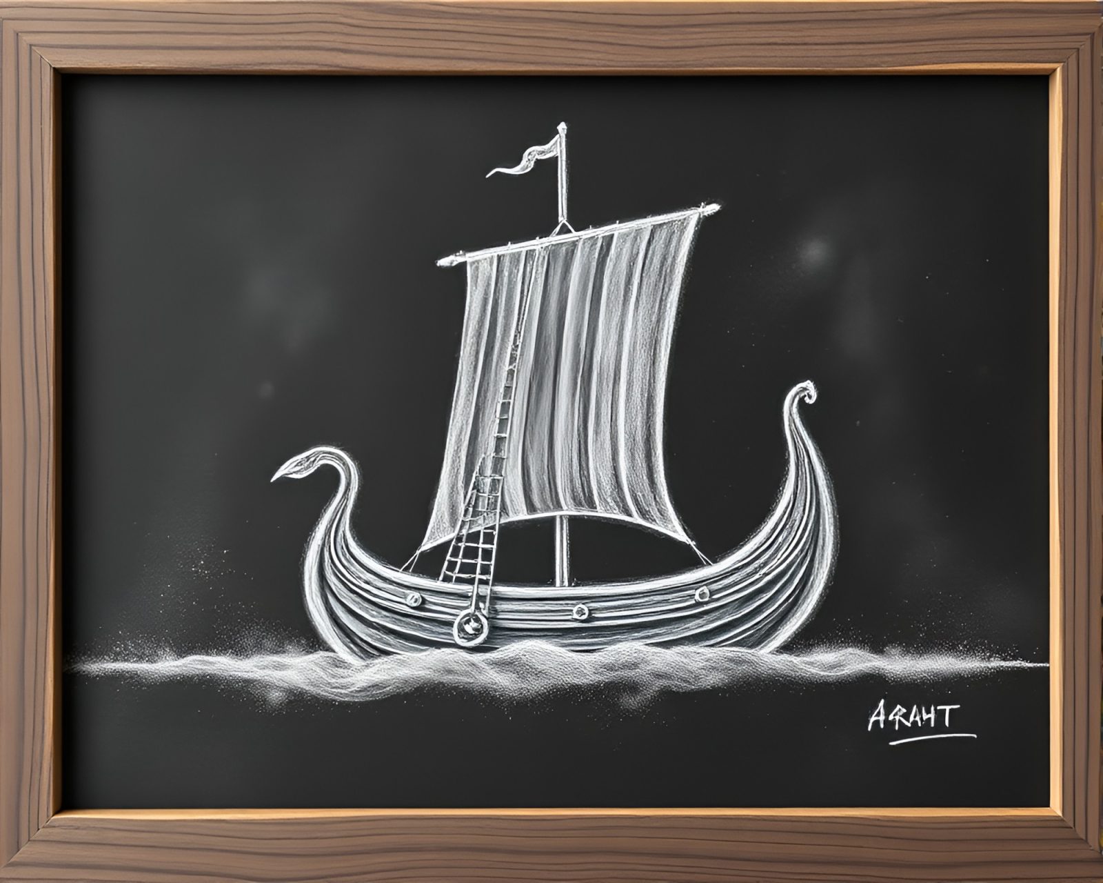A Viking longship sailing through a misty forest in a chalk drawing style