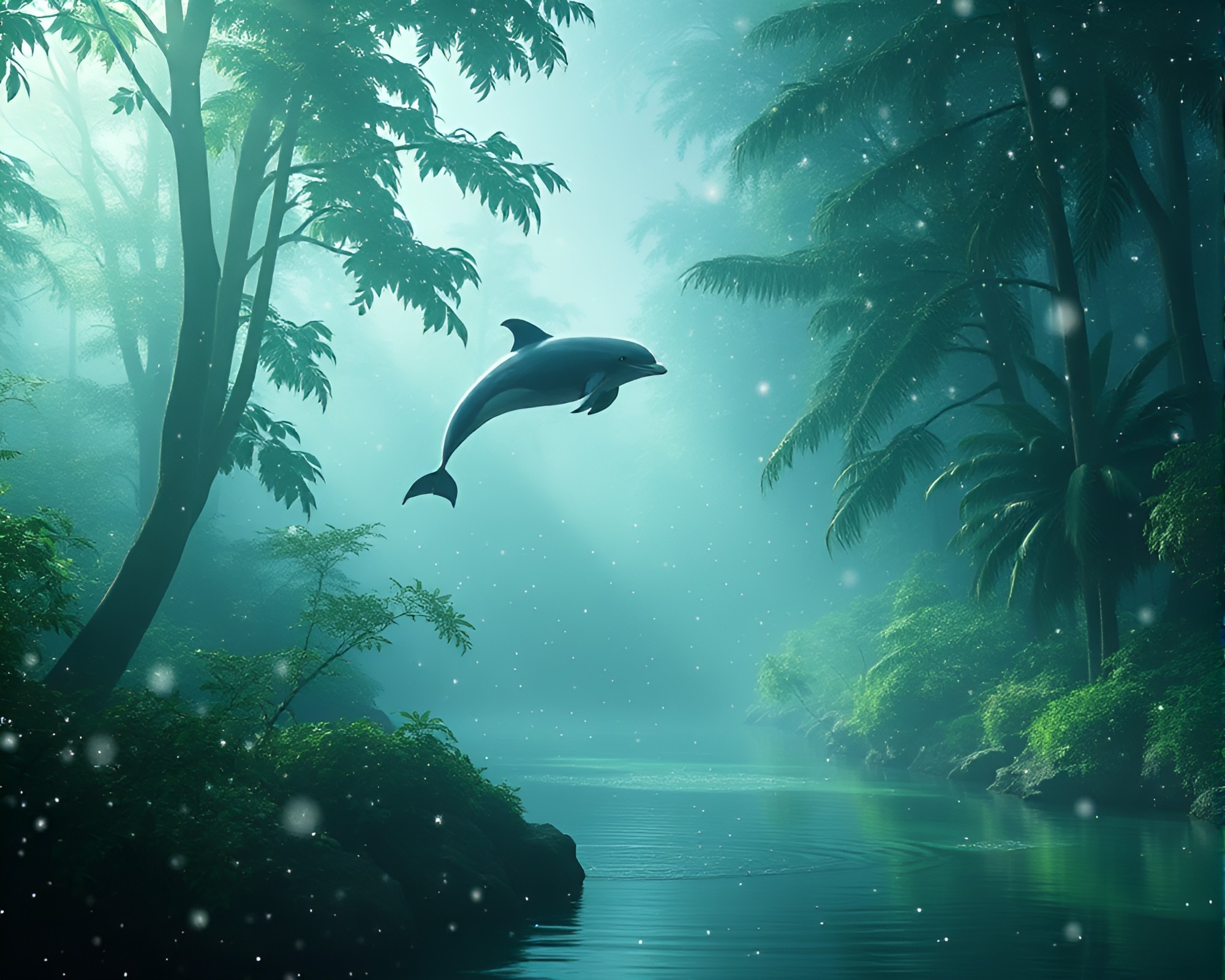 Enchanting Amazon River Dolphin Amidst Snowflake Particles – free AI stock image
